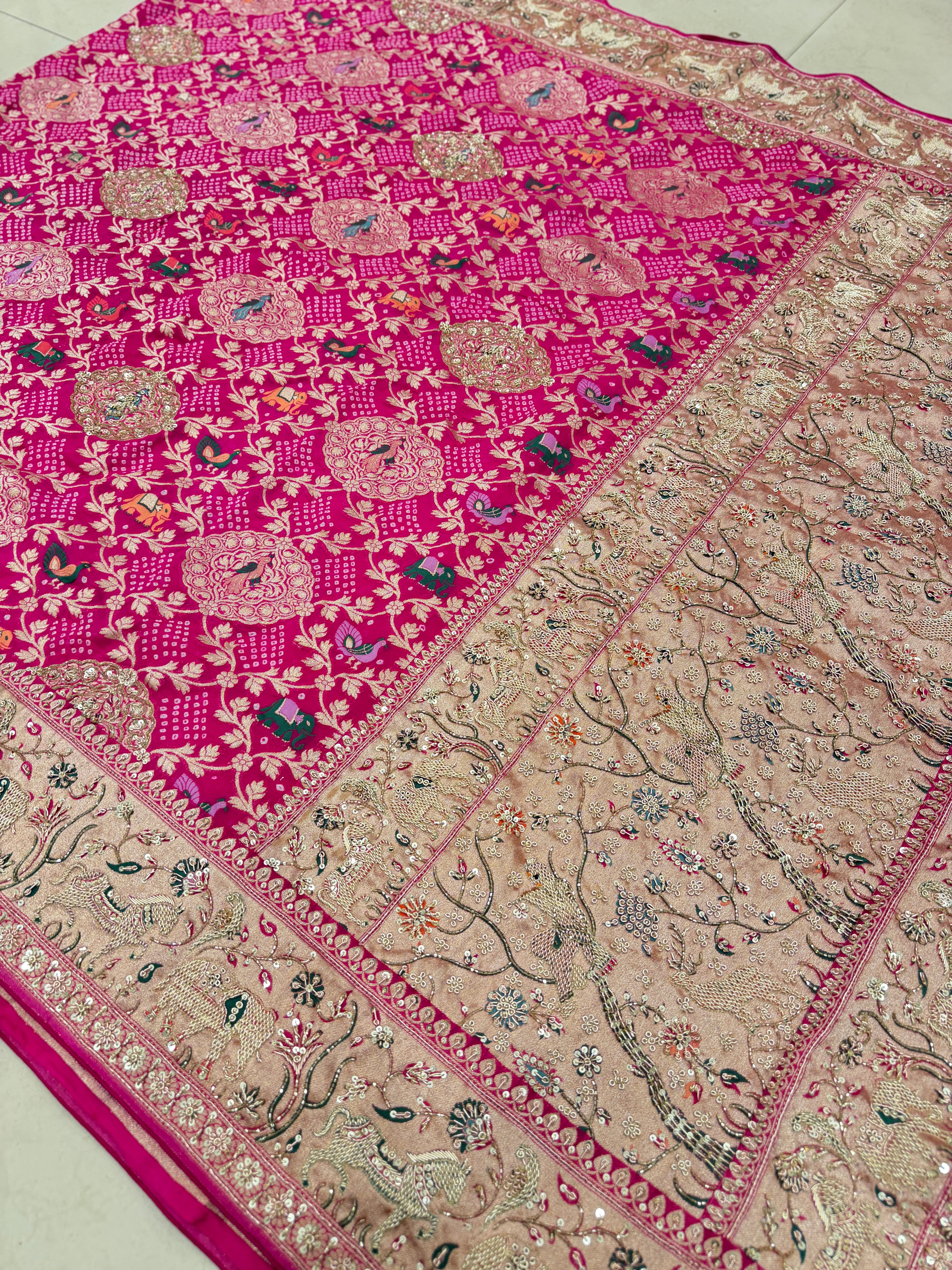Rani Meenakari Rai Bandhej Saree Elephant Motif Zardosi Hand Embroidery