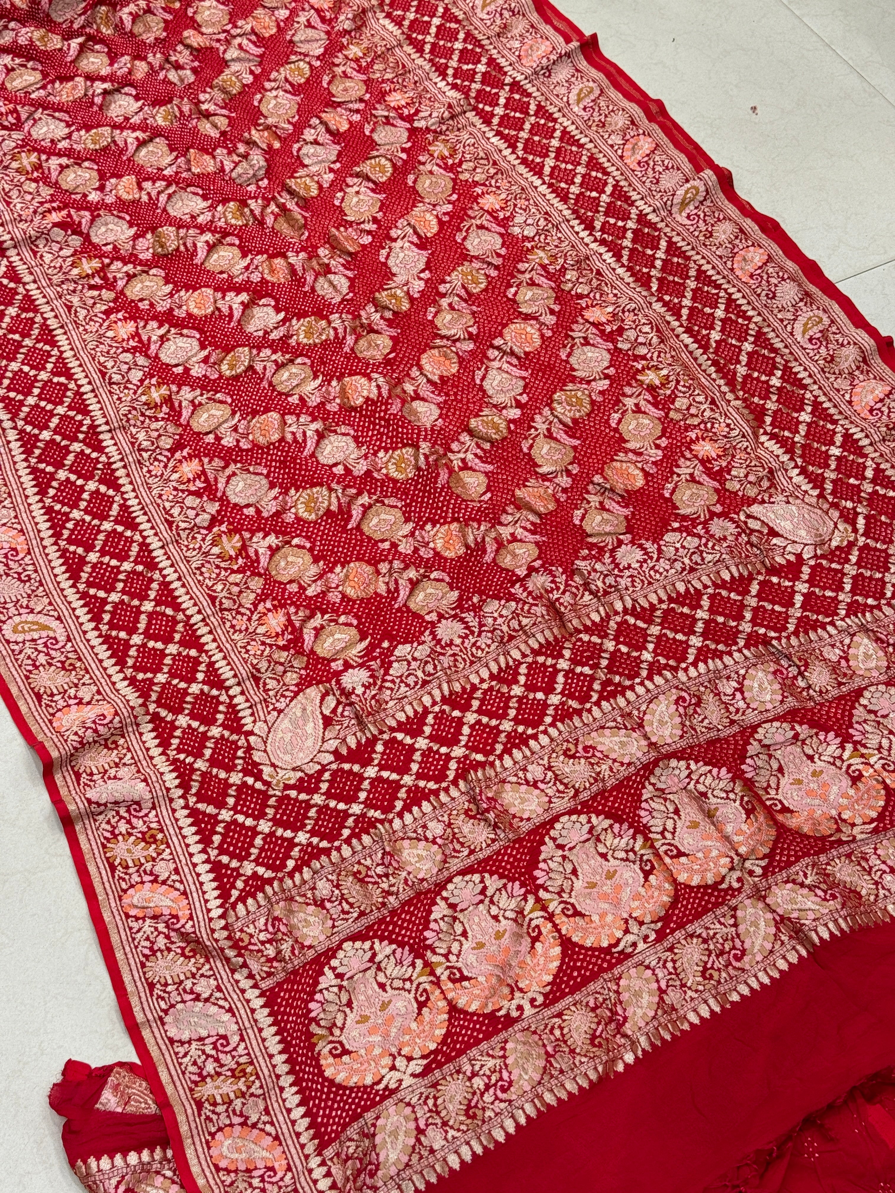 Red Double Border Meenakari Rai Bandhej Georgette Bandhini Saree