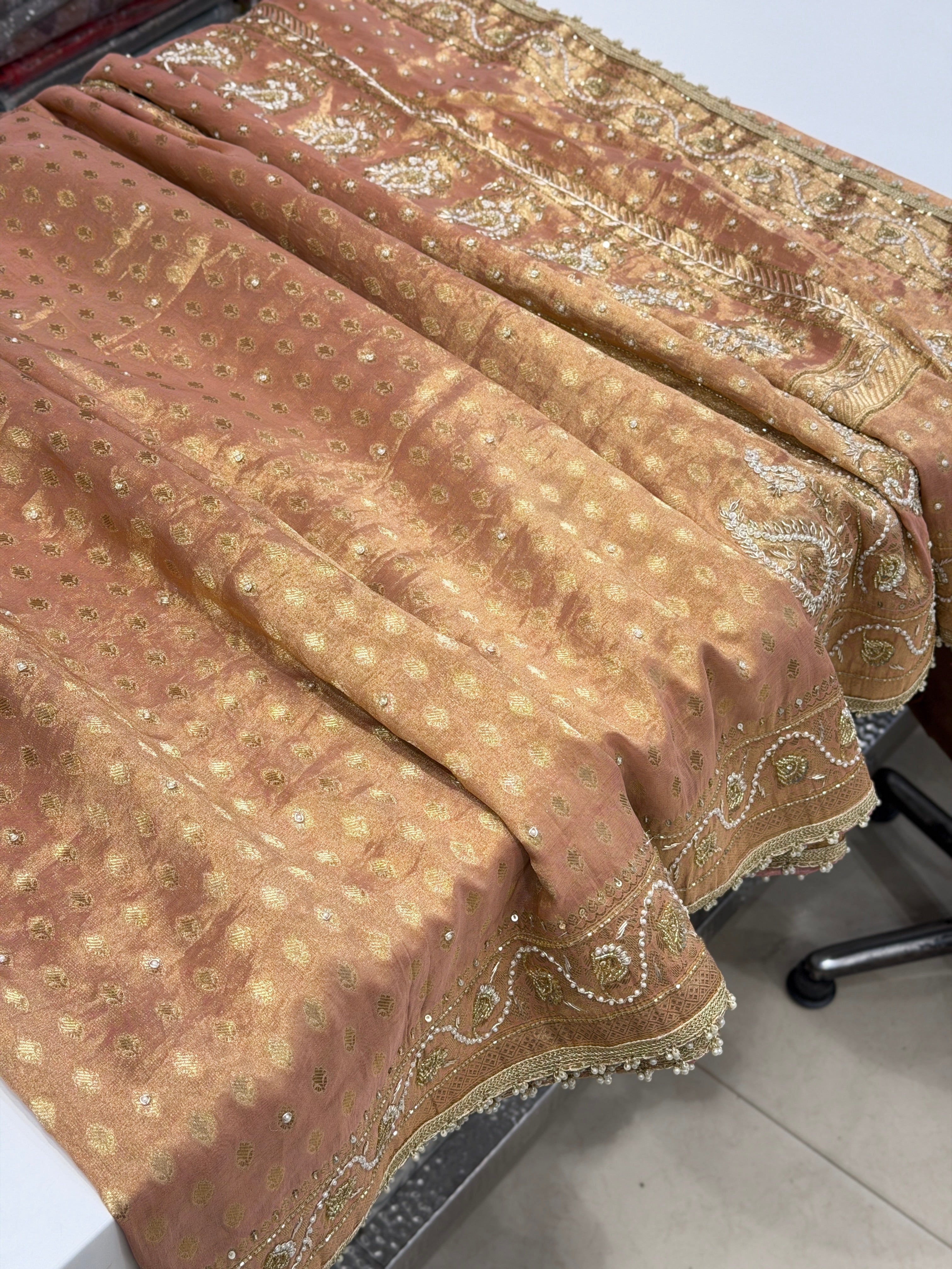 Nude Pink Tissue Banarasi Buttis Zardosi Embroidery Saree