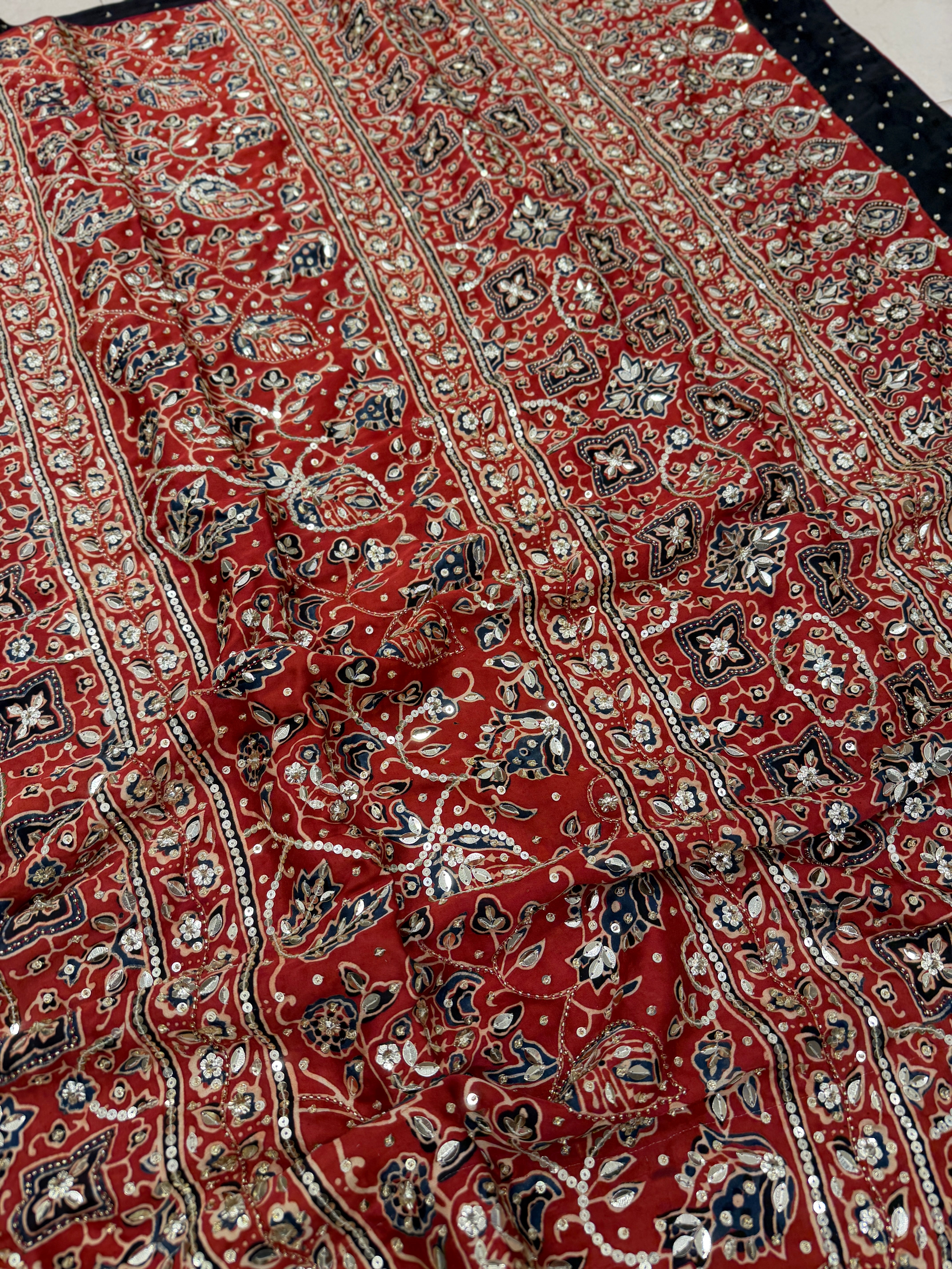 Black Red Badam Jaal Ajrakh Sequin Moti Hand Embroidery Saree