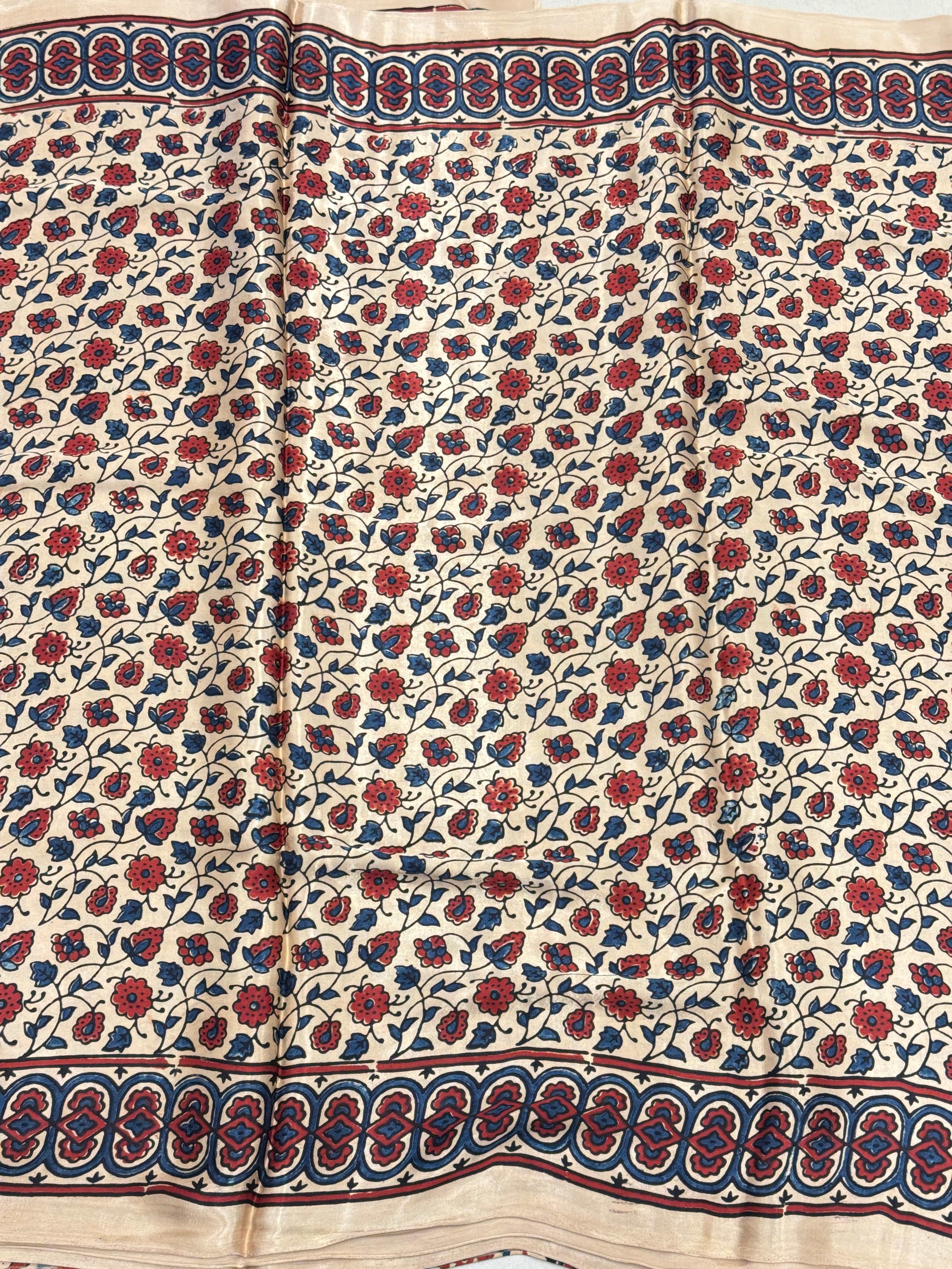 Moti White Flower Jaal Ajrakh Gajji Silk Hand Block Print Saree