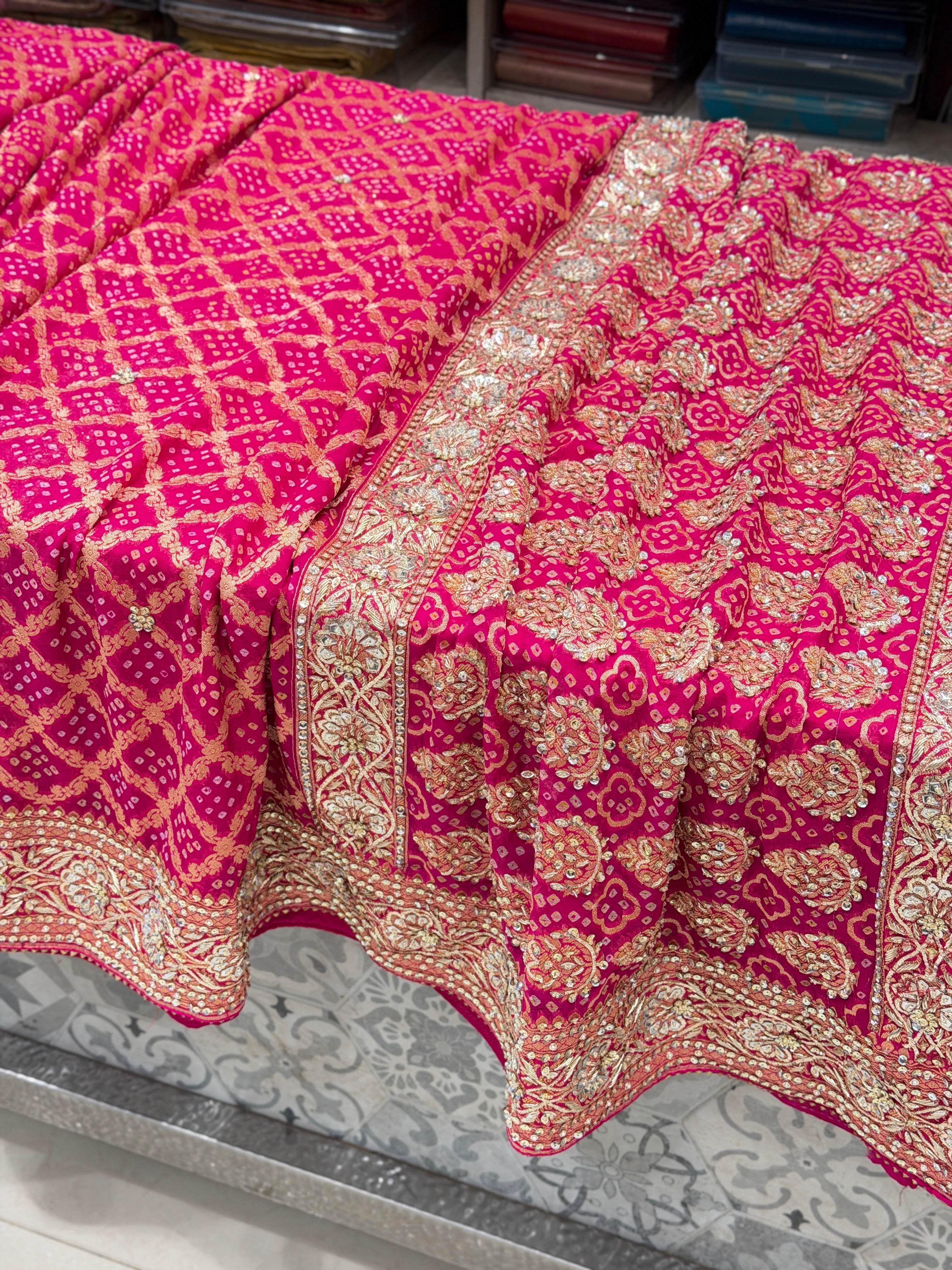Rani Pink Bandhej Zardosi Pita Hand Embroidery Saree