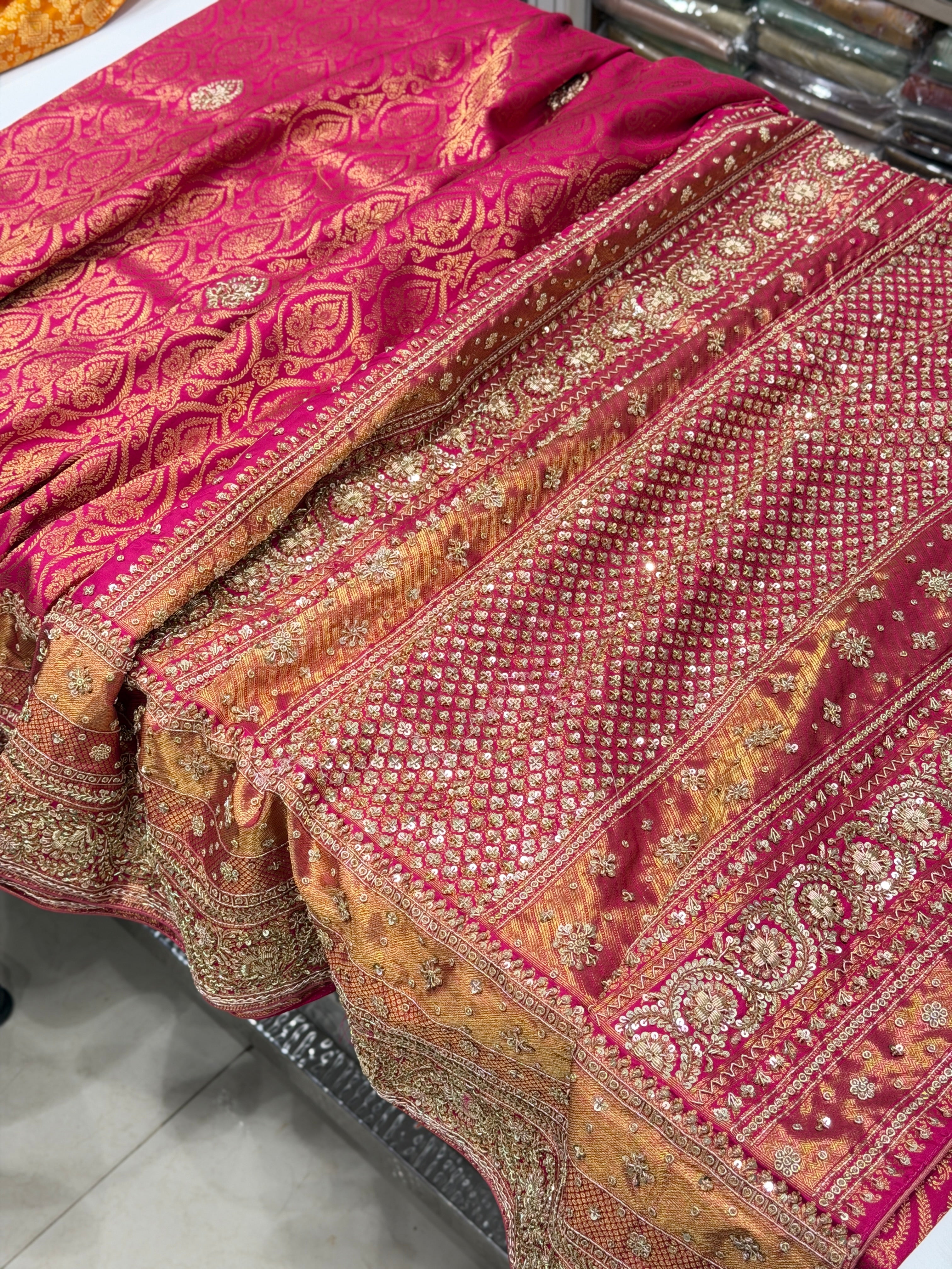 Rani Pink Keri Jaal Kanjivaram Hand Embroidery Zardosi Saree