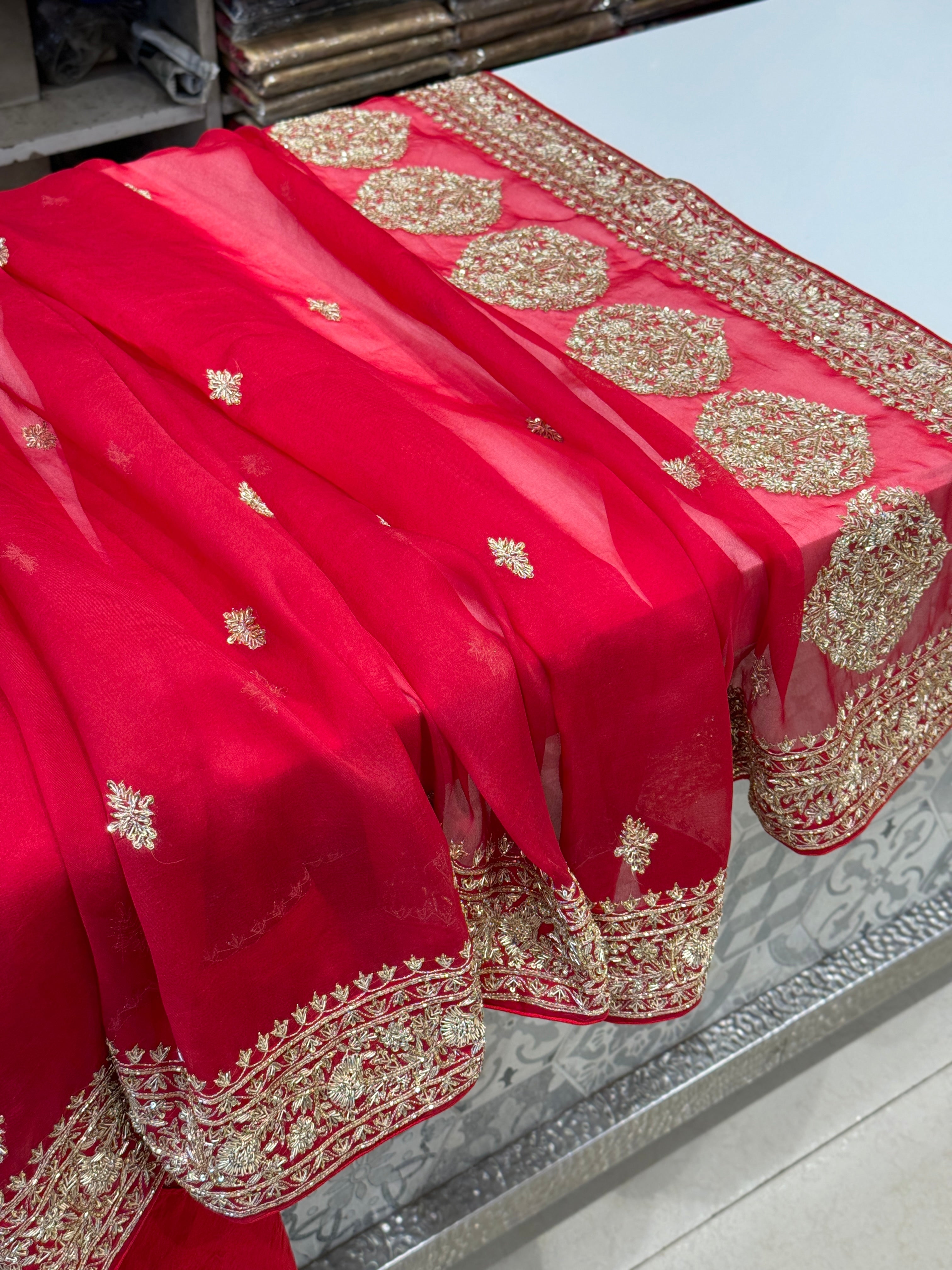 Red Pure Organza Zardosi Embroidery Saree