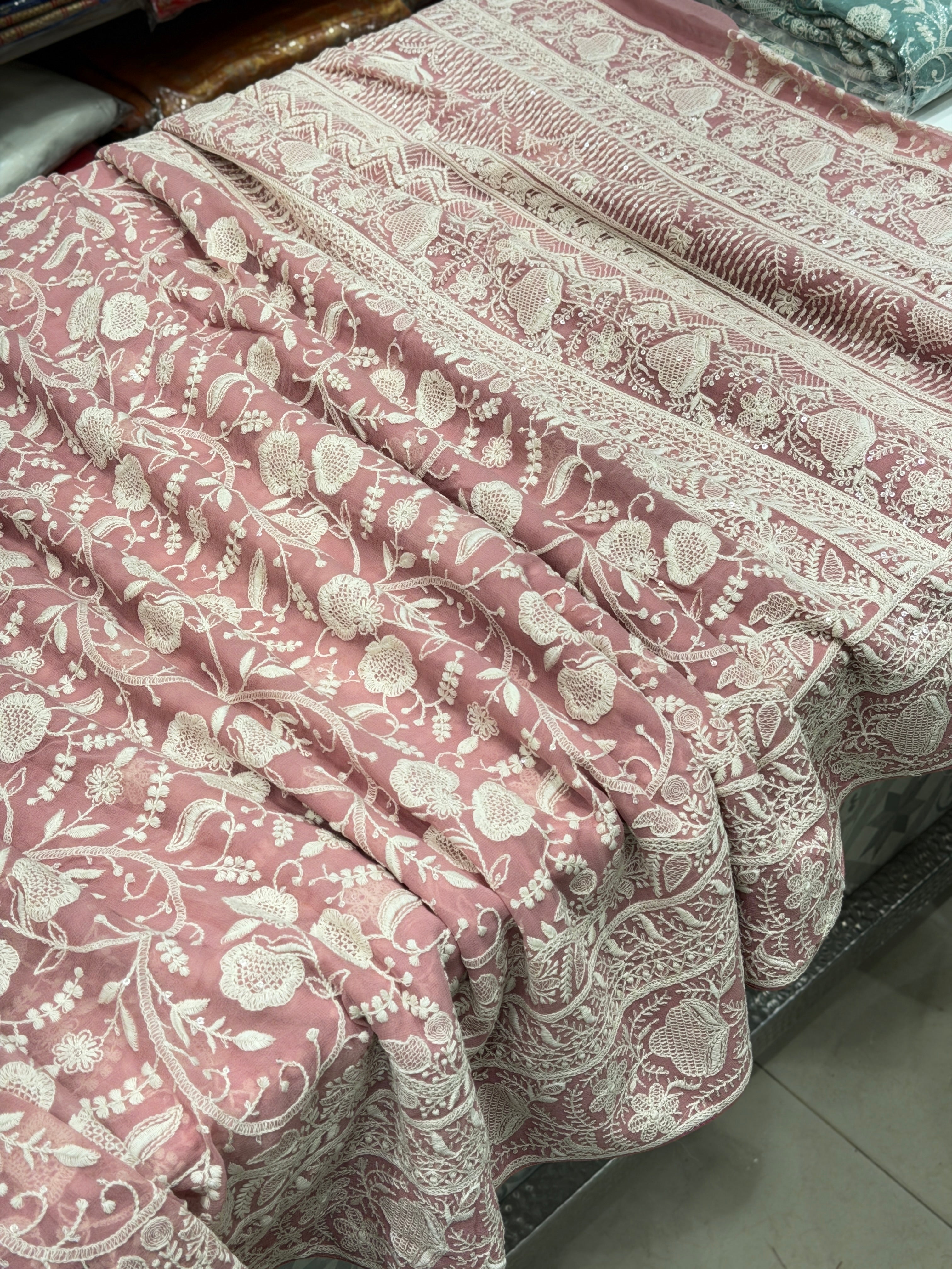 Pink Georgette Chikankari Resham Saree