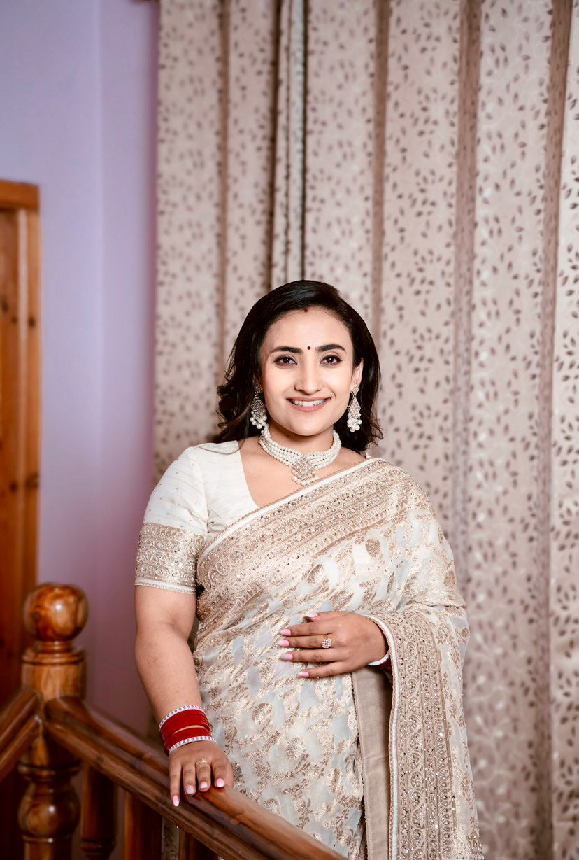 Beige Khaddi Georgette Jaal Hand Embroidery Saree