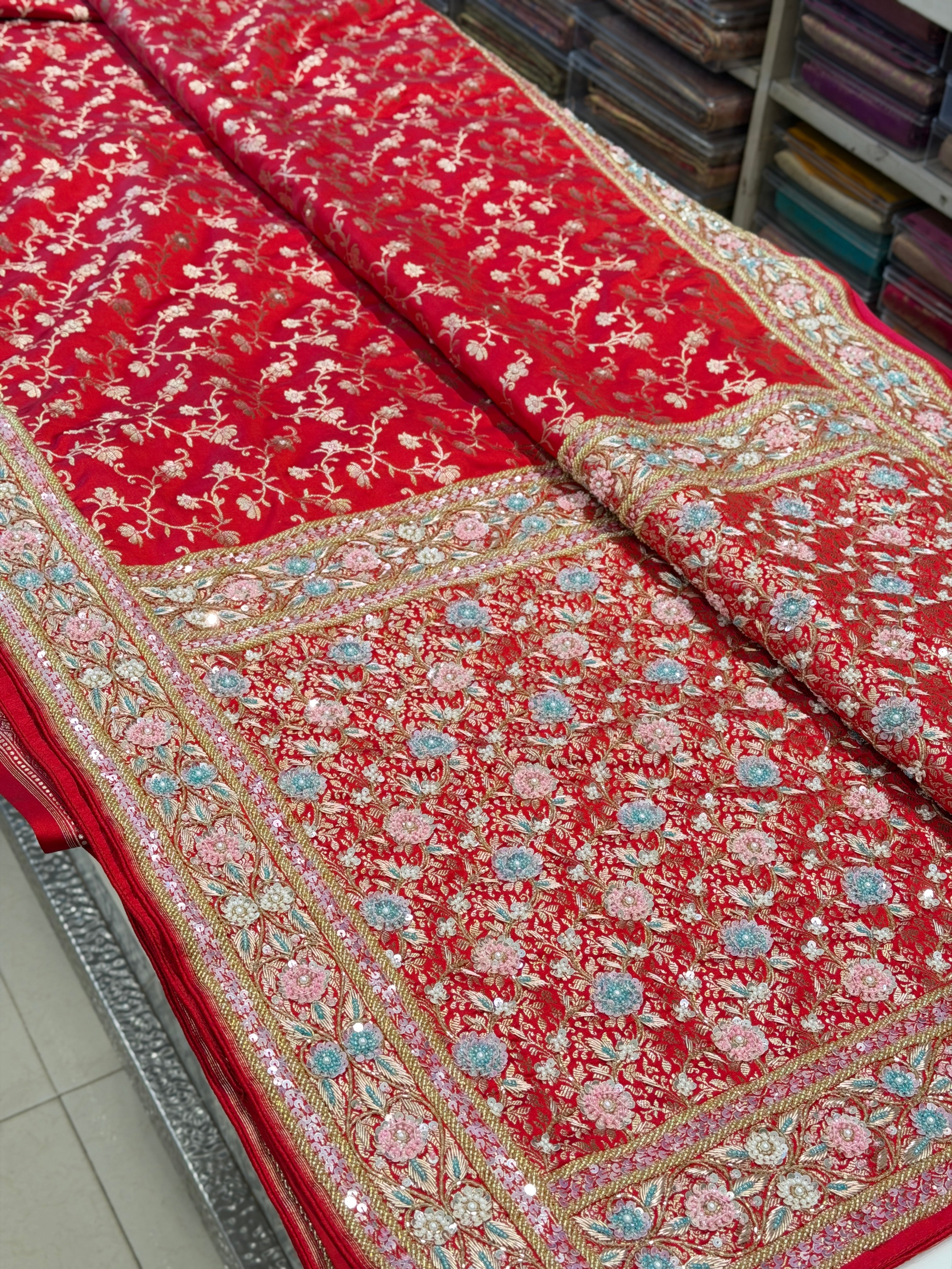 Red Banarasi Pine Jaal Moti Zardosi Hand Embroidery Saree