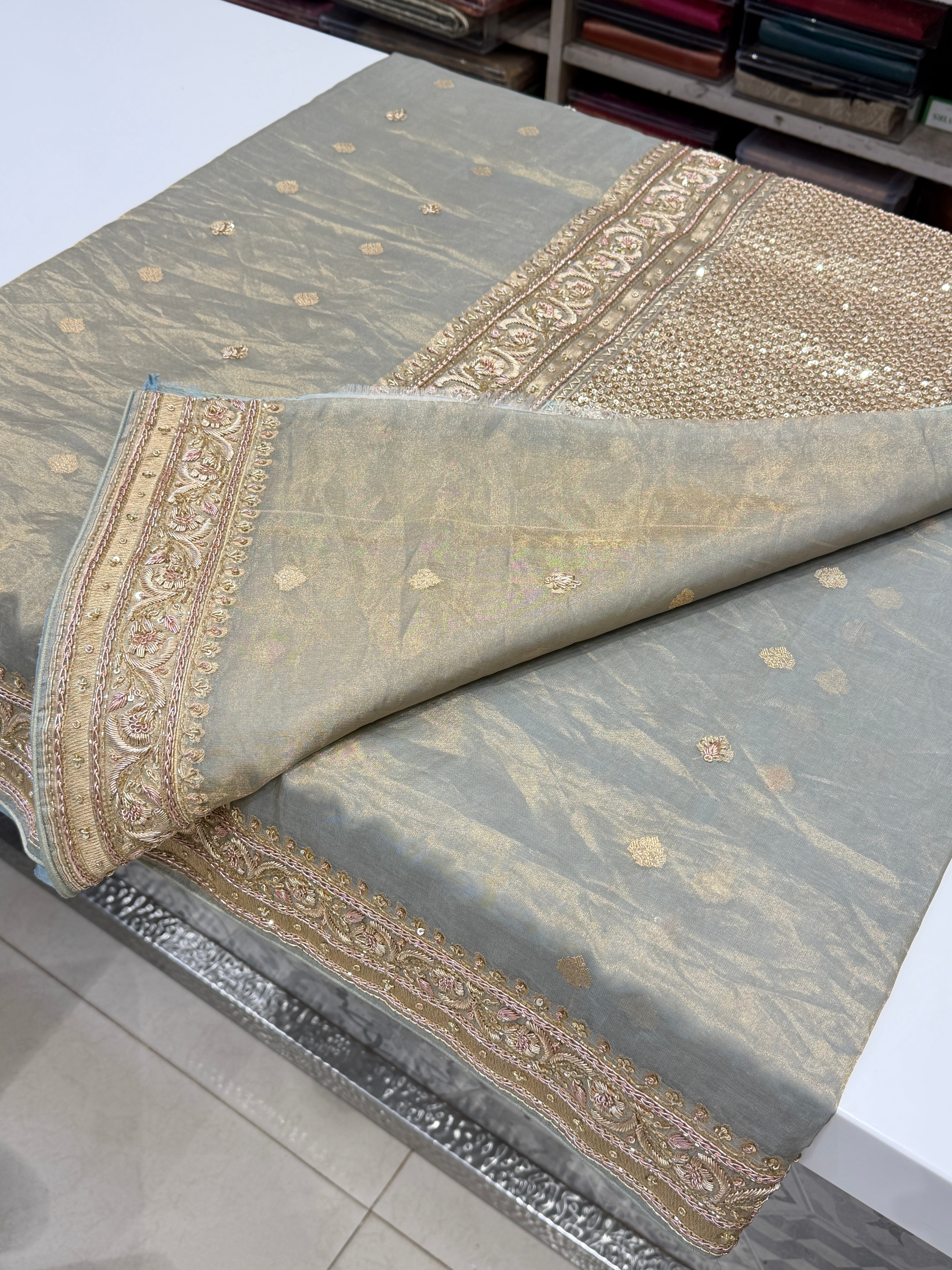Space Blue Banarasi Tissue Handloom Kadwa Weave Zardosi Embroidery Saree