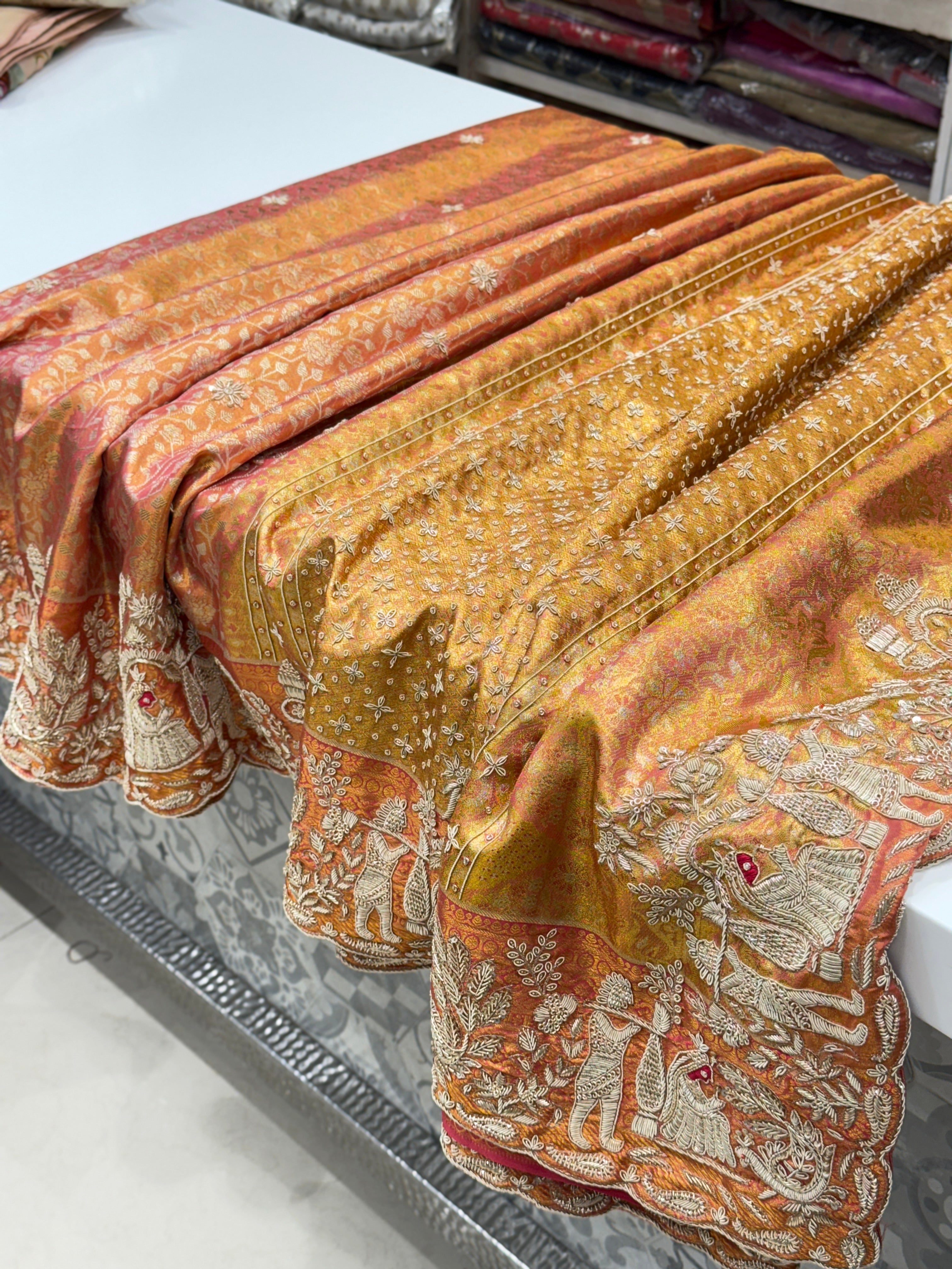 Rust Tissue Kanjivaram Zardosi Doli Hand Embroidery Saree