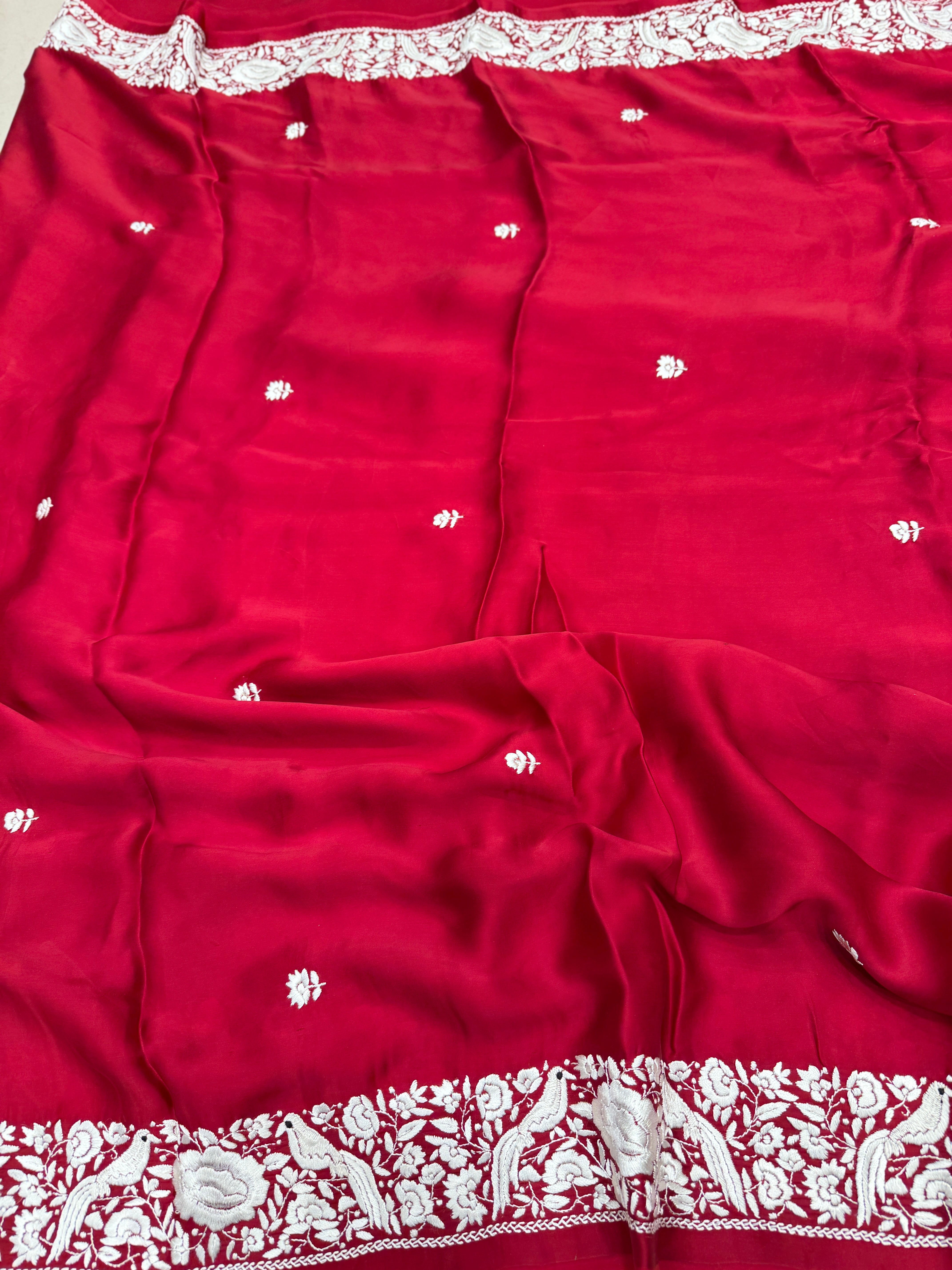 Red Parsi Gara Hand Embroidery Border Saree