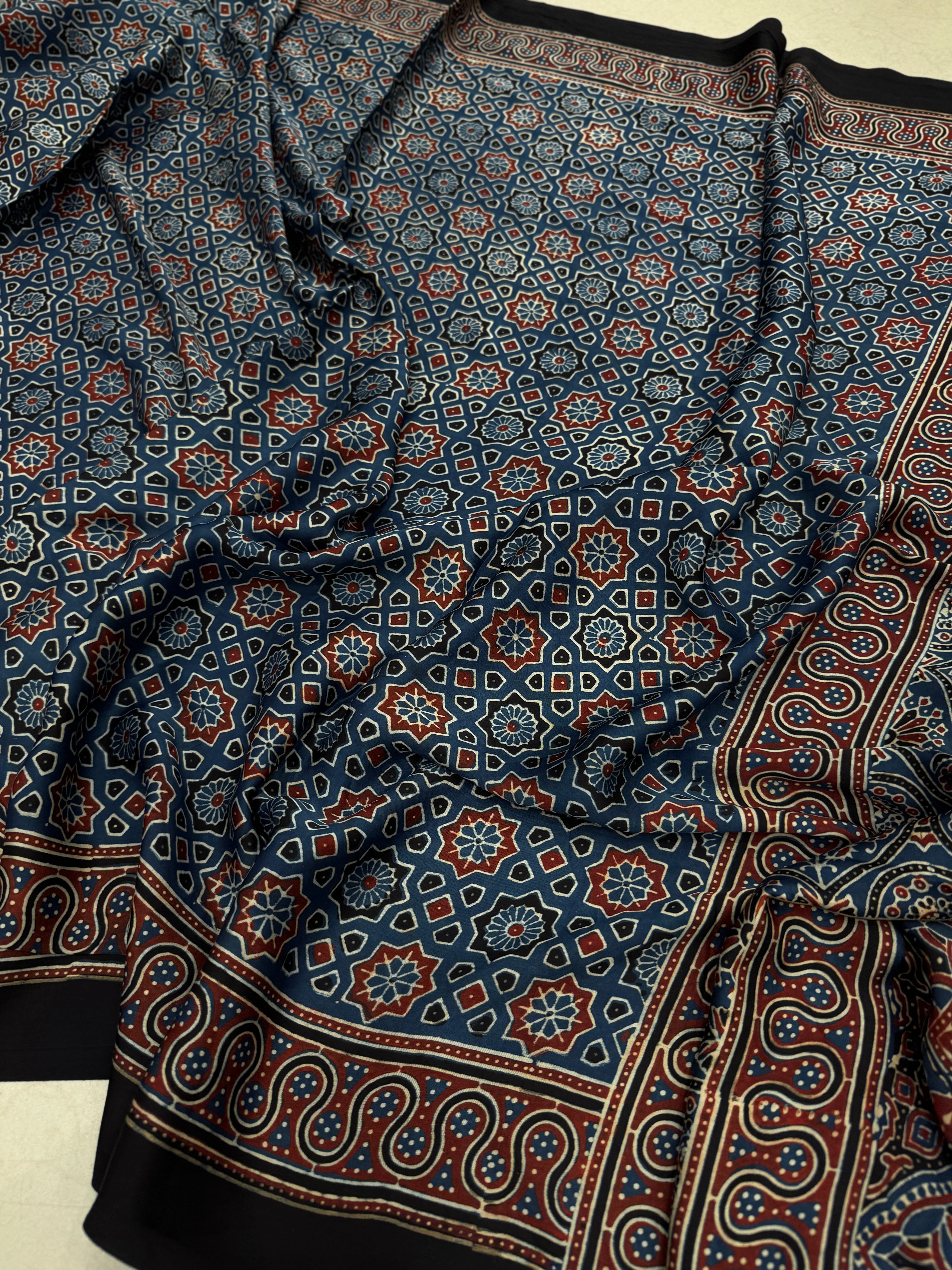 Blue Star Hand Block Print Ajrkah Pure Gajji Silk Saree
