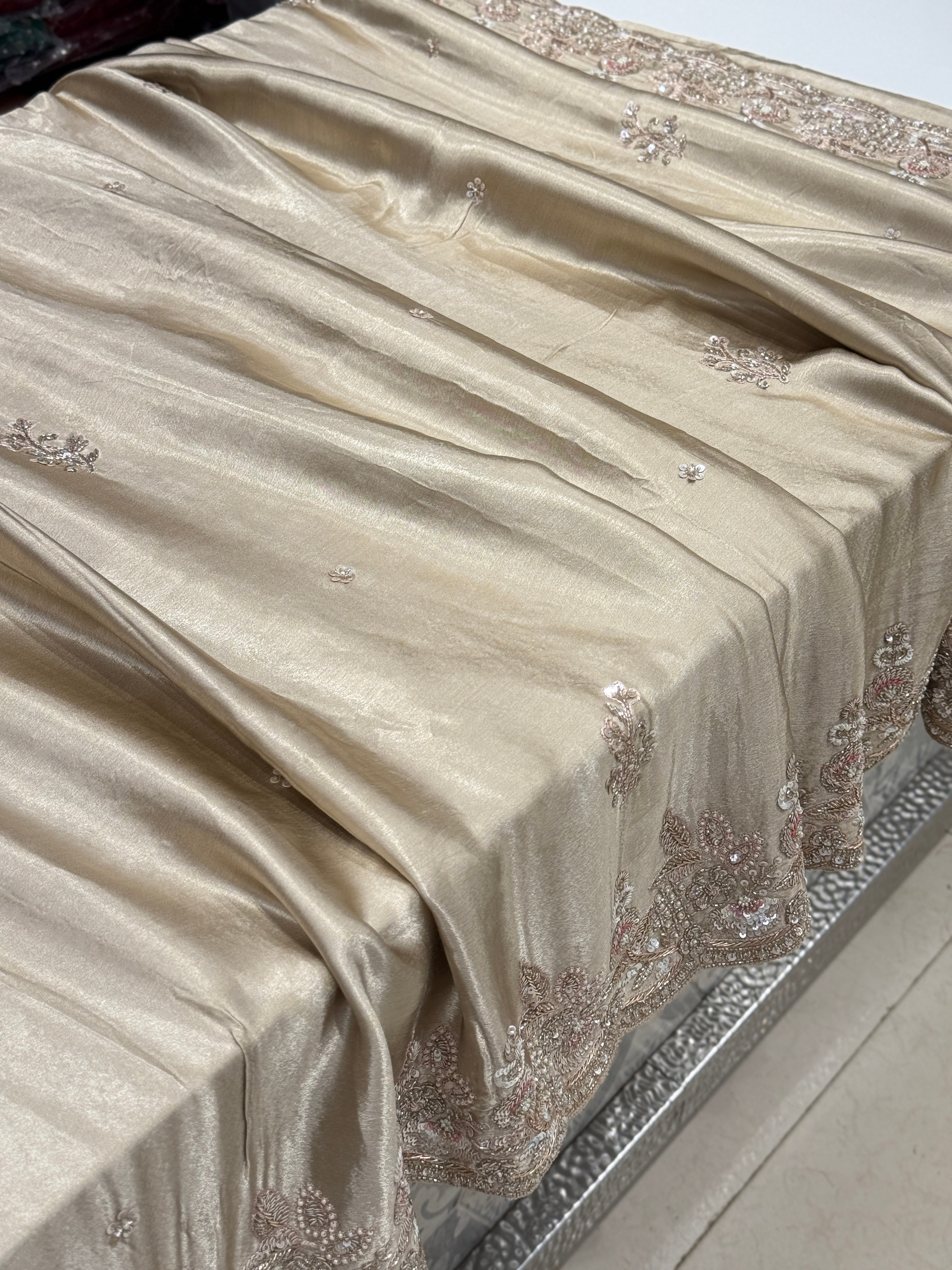 Champagne Satin Hand Embroidery Zardosi Saree