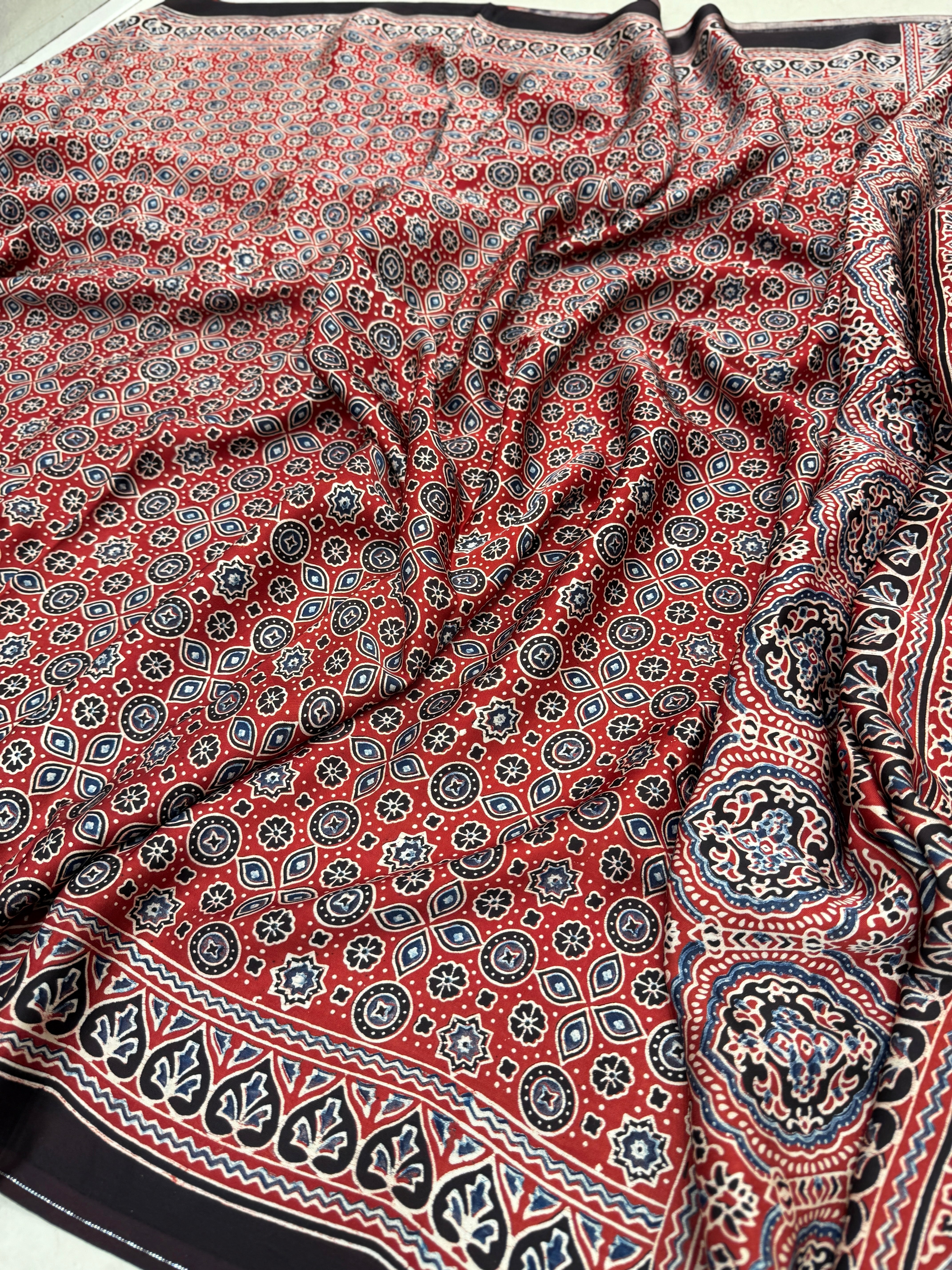 Red Crown Buttis Jaal Ajrakh Modal Gajji Silk Saree
