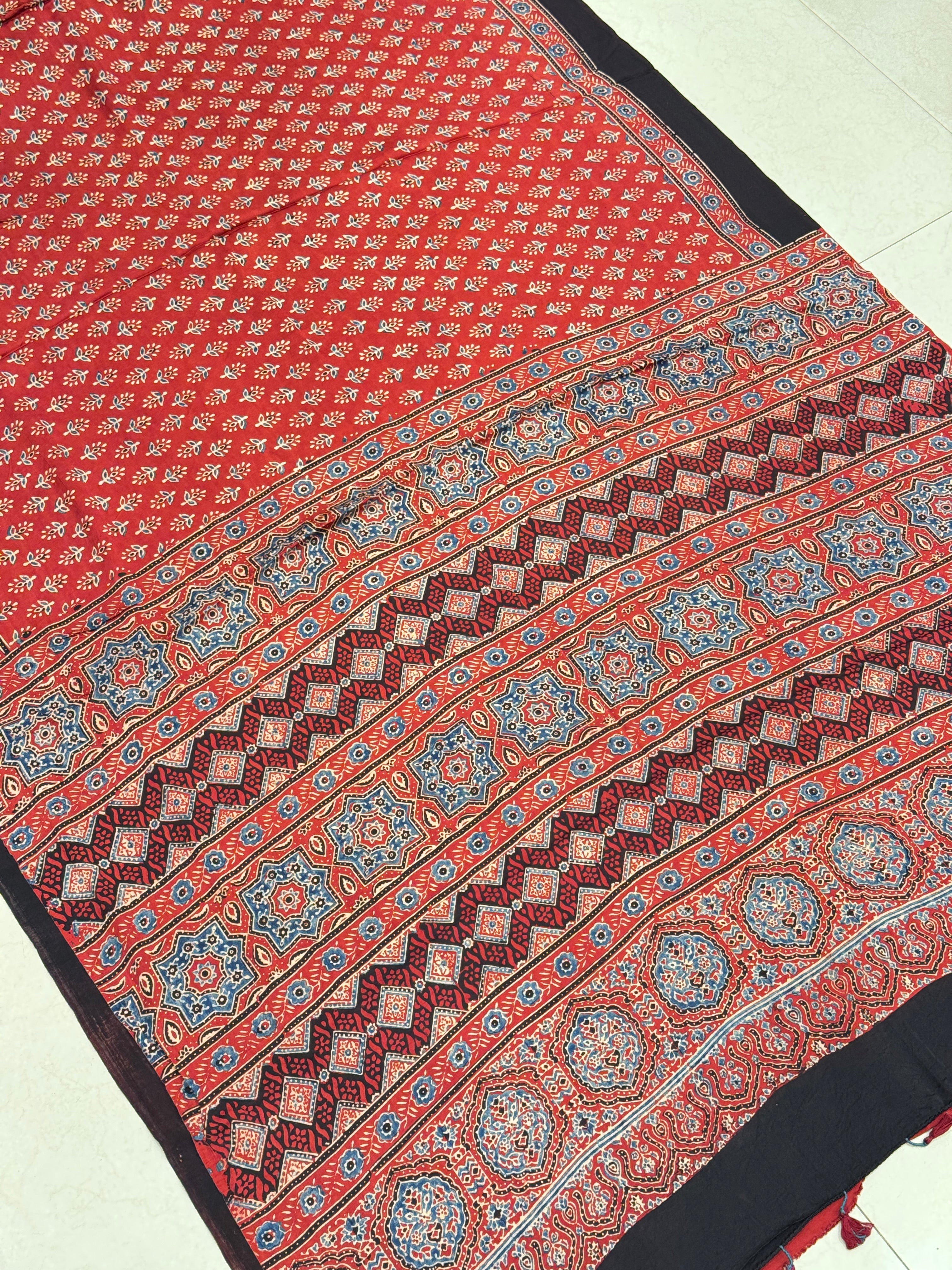 Red Buttis Ajrakh Saree Modal Gajji Silk Hand Block Print