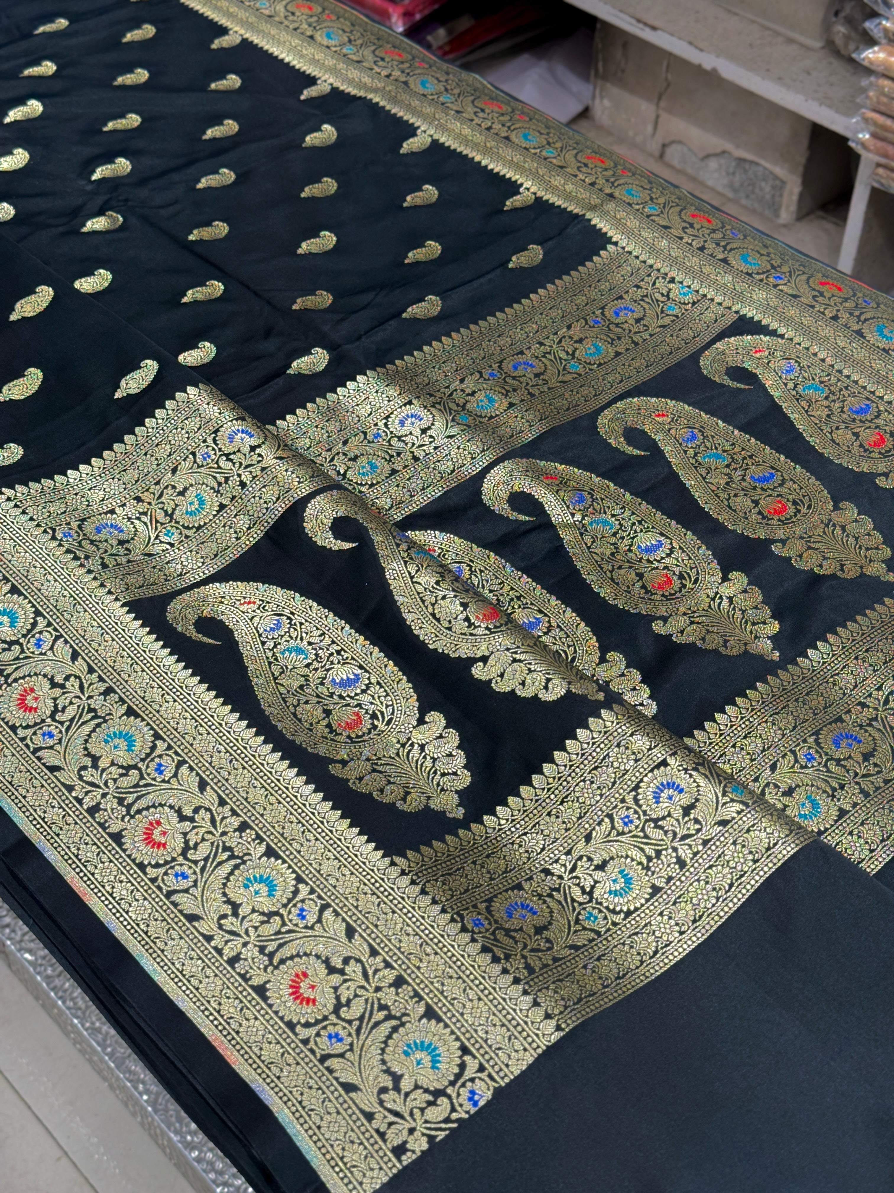 Black Buttis Meenakari Banarasi Silk Saree