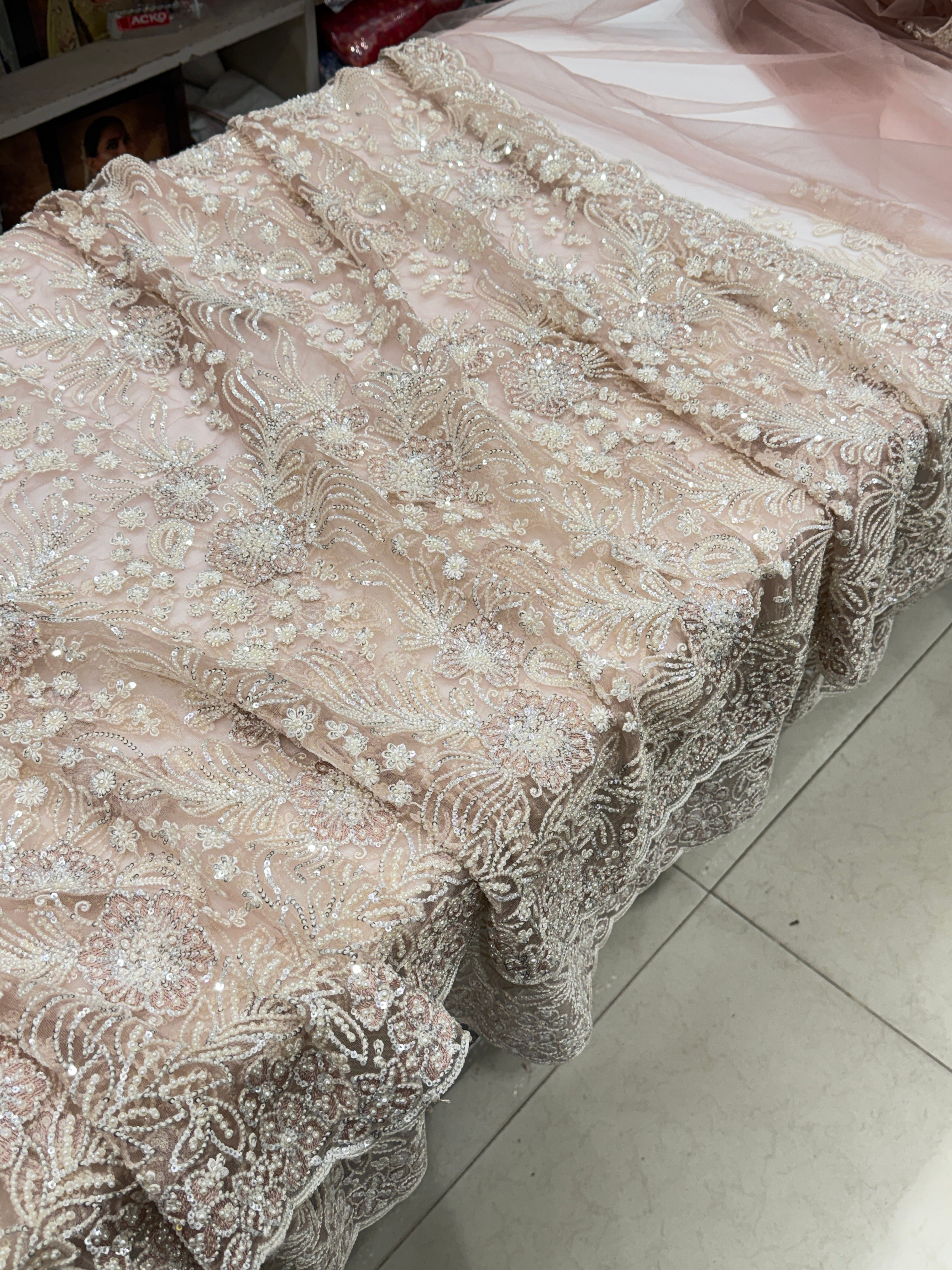 Nude Pink Floral Jaal Net Resham Moti Embroidery Soft Saree