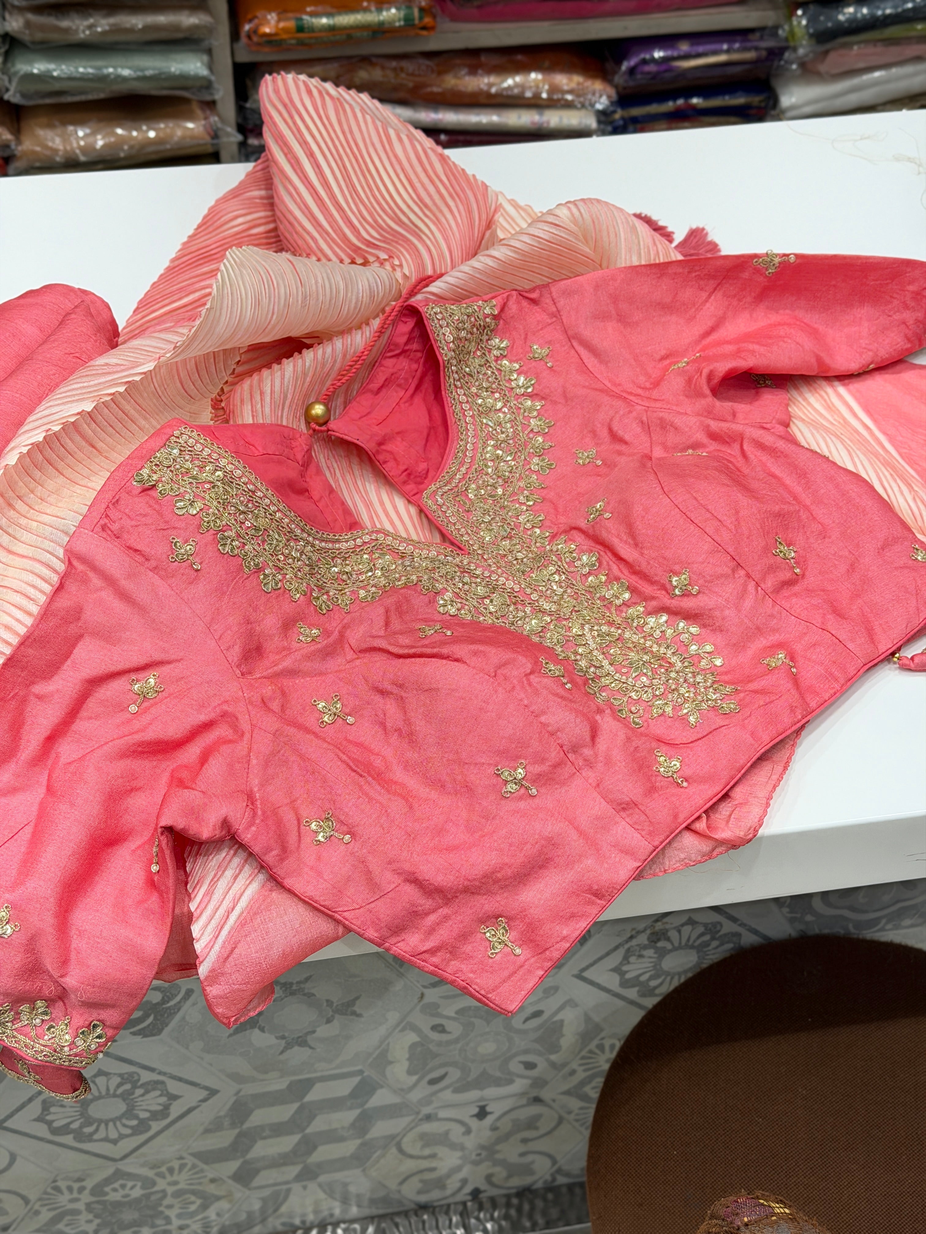 Pink Crushed Tussor with Ready Blouse Saree