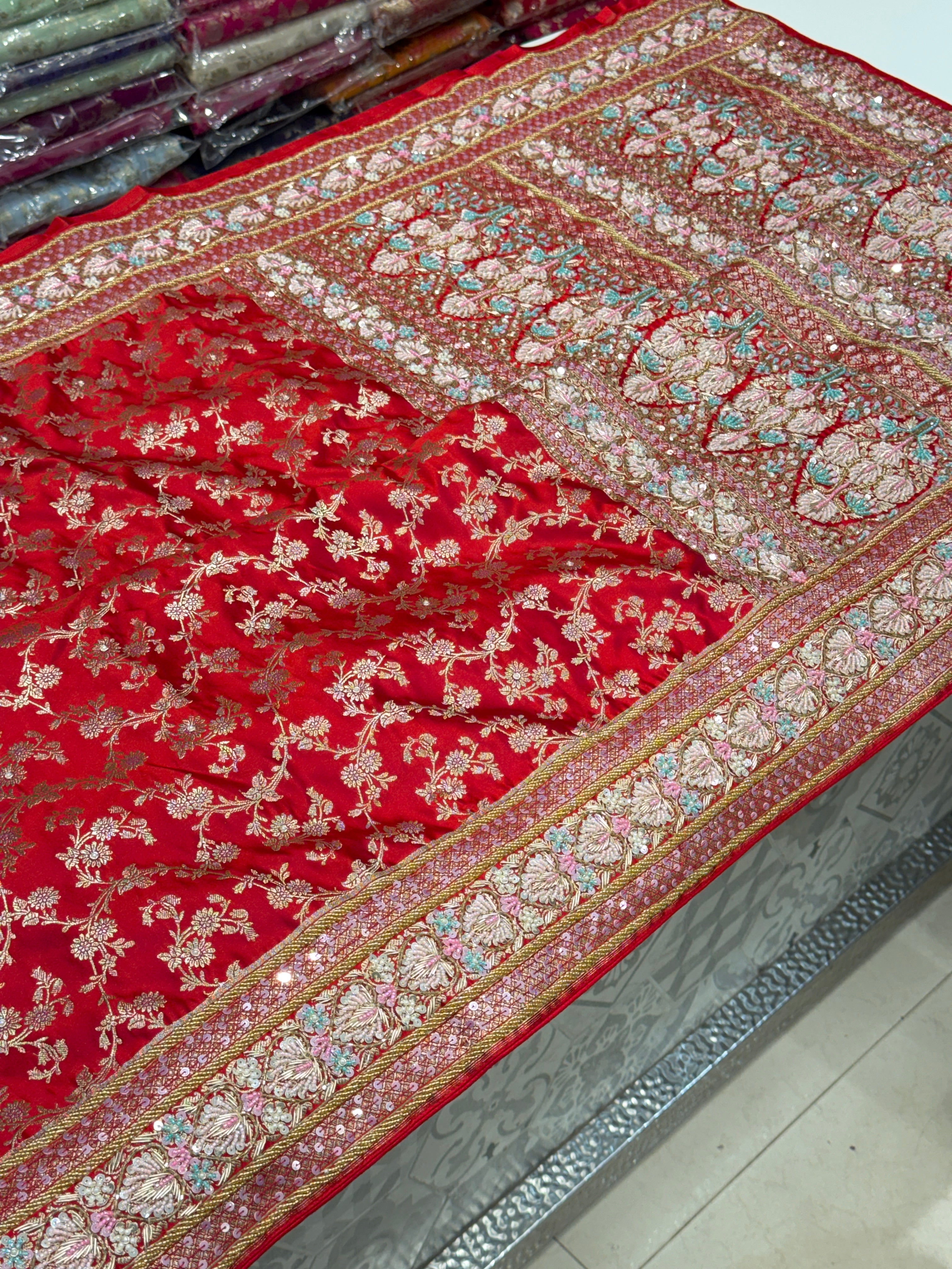 Red Banarasi Silk Heart Border Fancy Hand Embroidery Saree