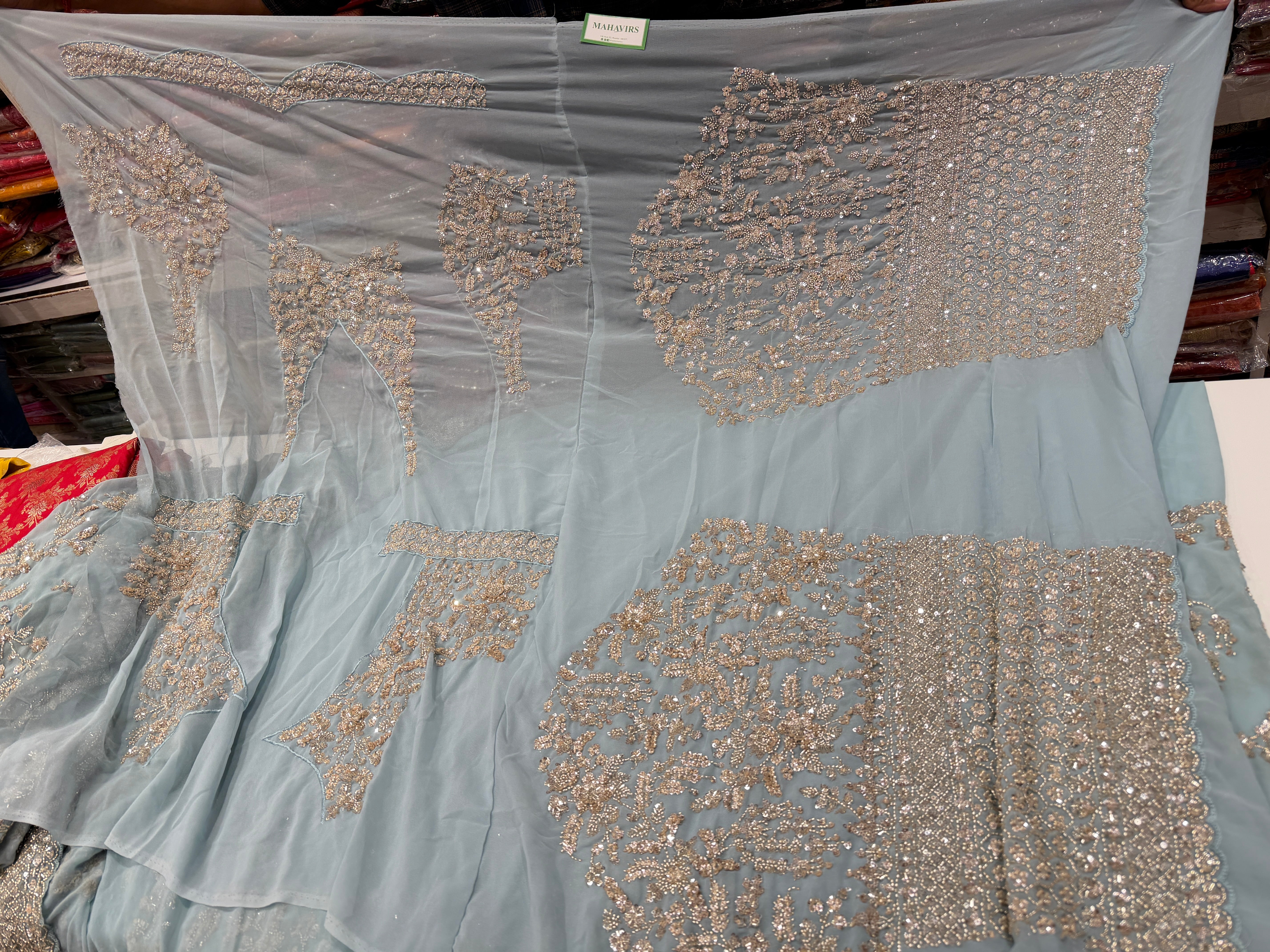 Powder Blue Manish Malhotra Inspired Georgette Moti Sequin Jaal Saree