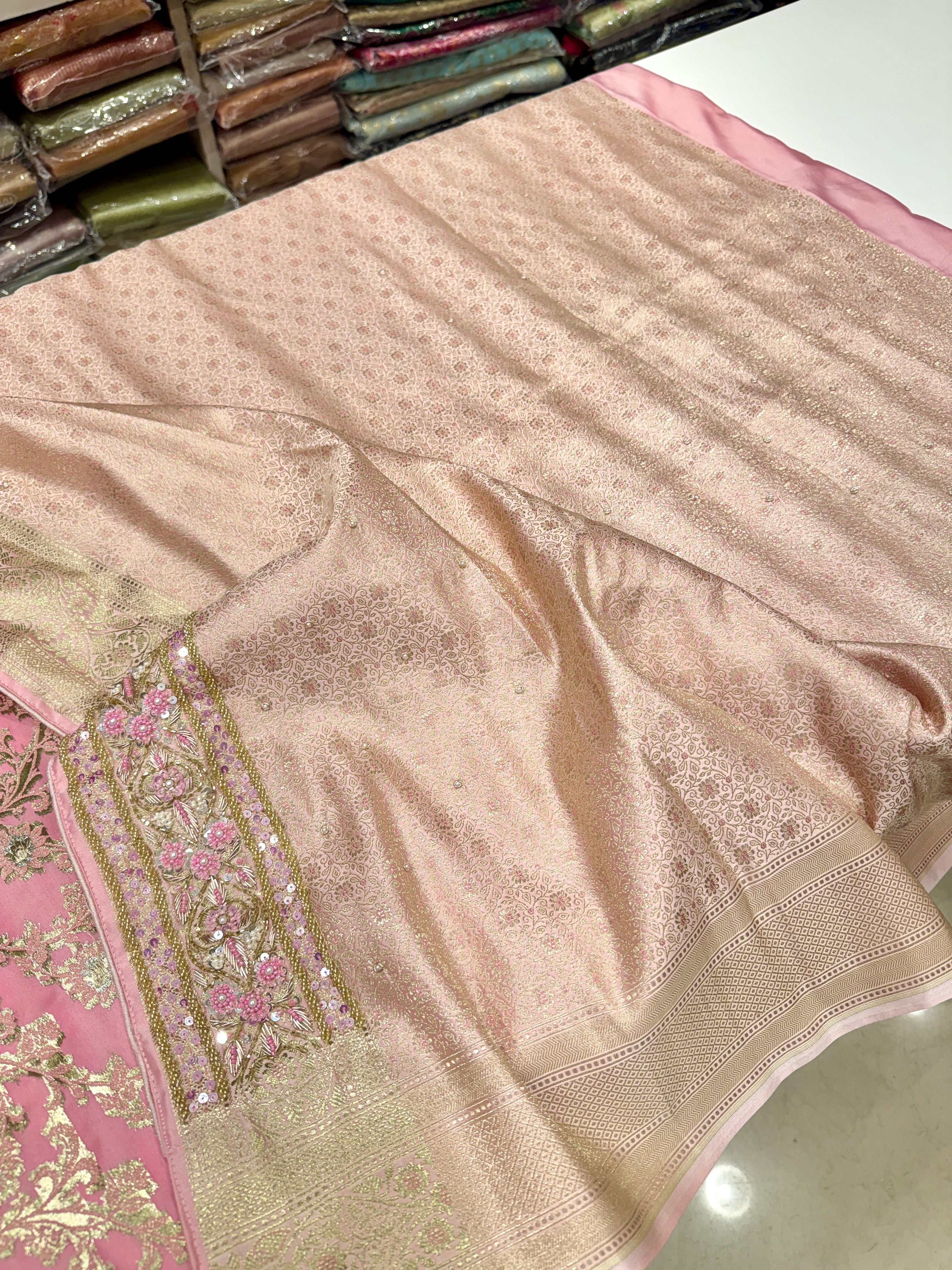 Light Pink Banarasi Small Jaal Zardosi Fancy Moti Hand Embroidery Saree