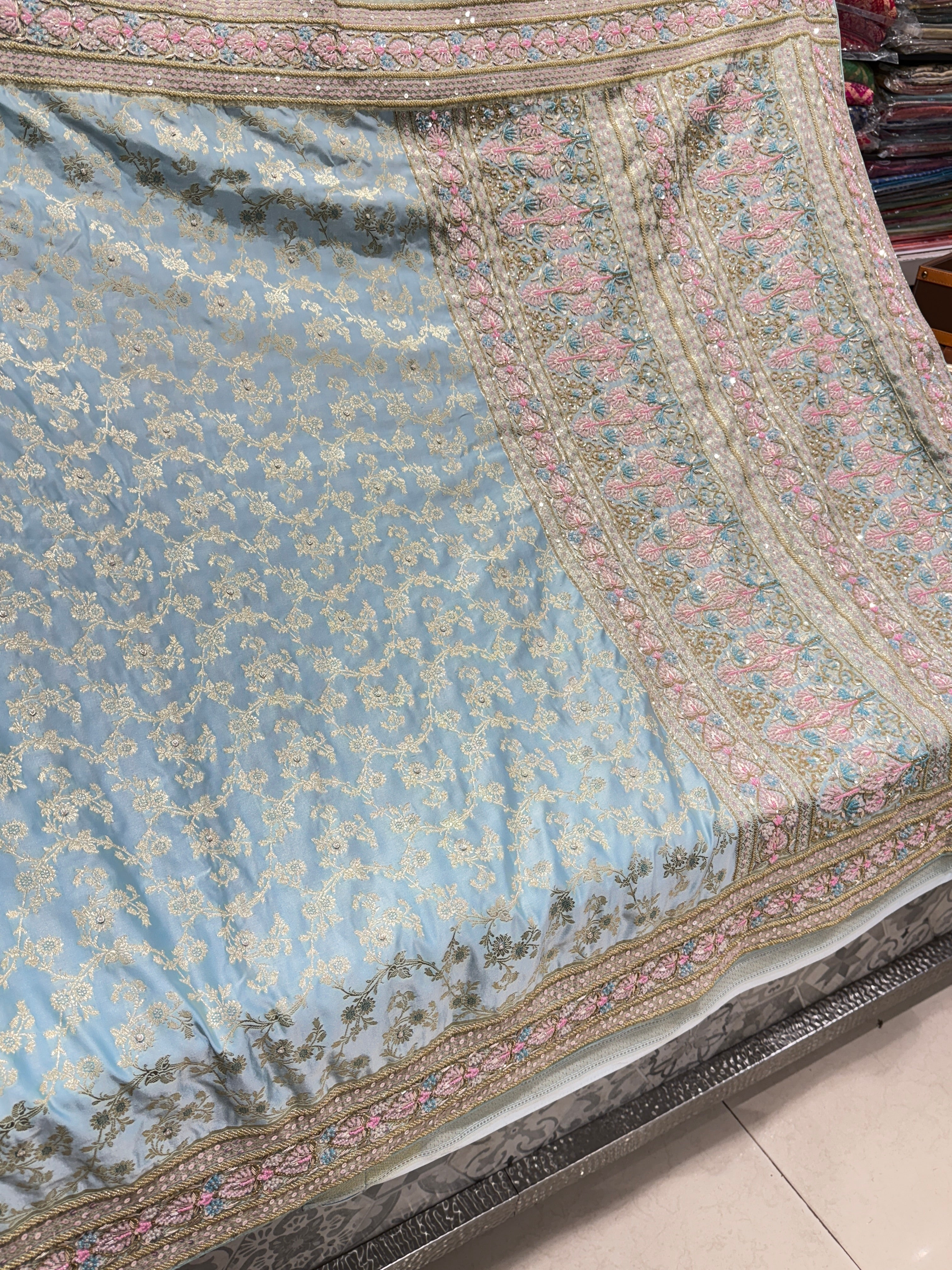 Light Blue Banarasi Heart Border Fancy Embroidery Saree