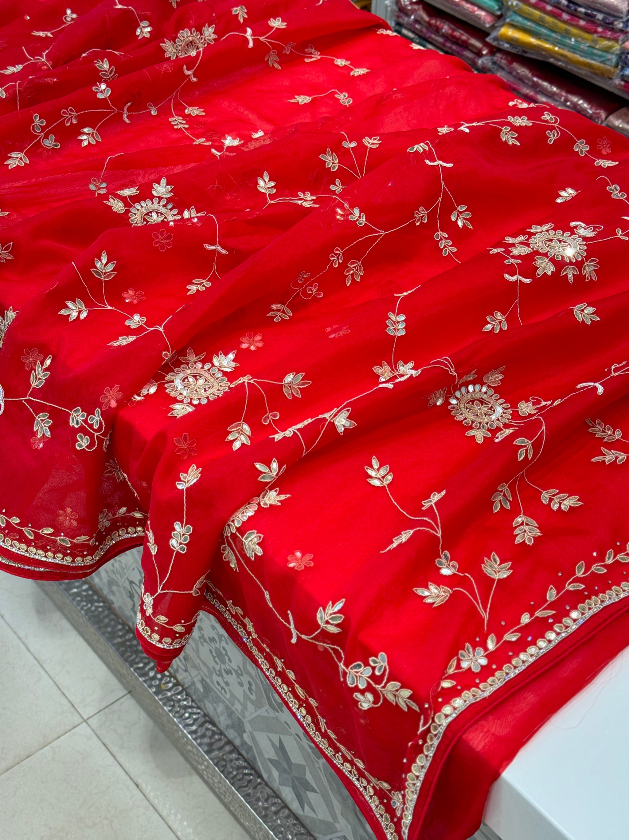 Bollywood Style Red Color Floral Printed Organza Fabric Ethnic Saree