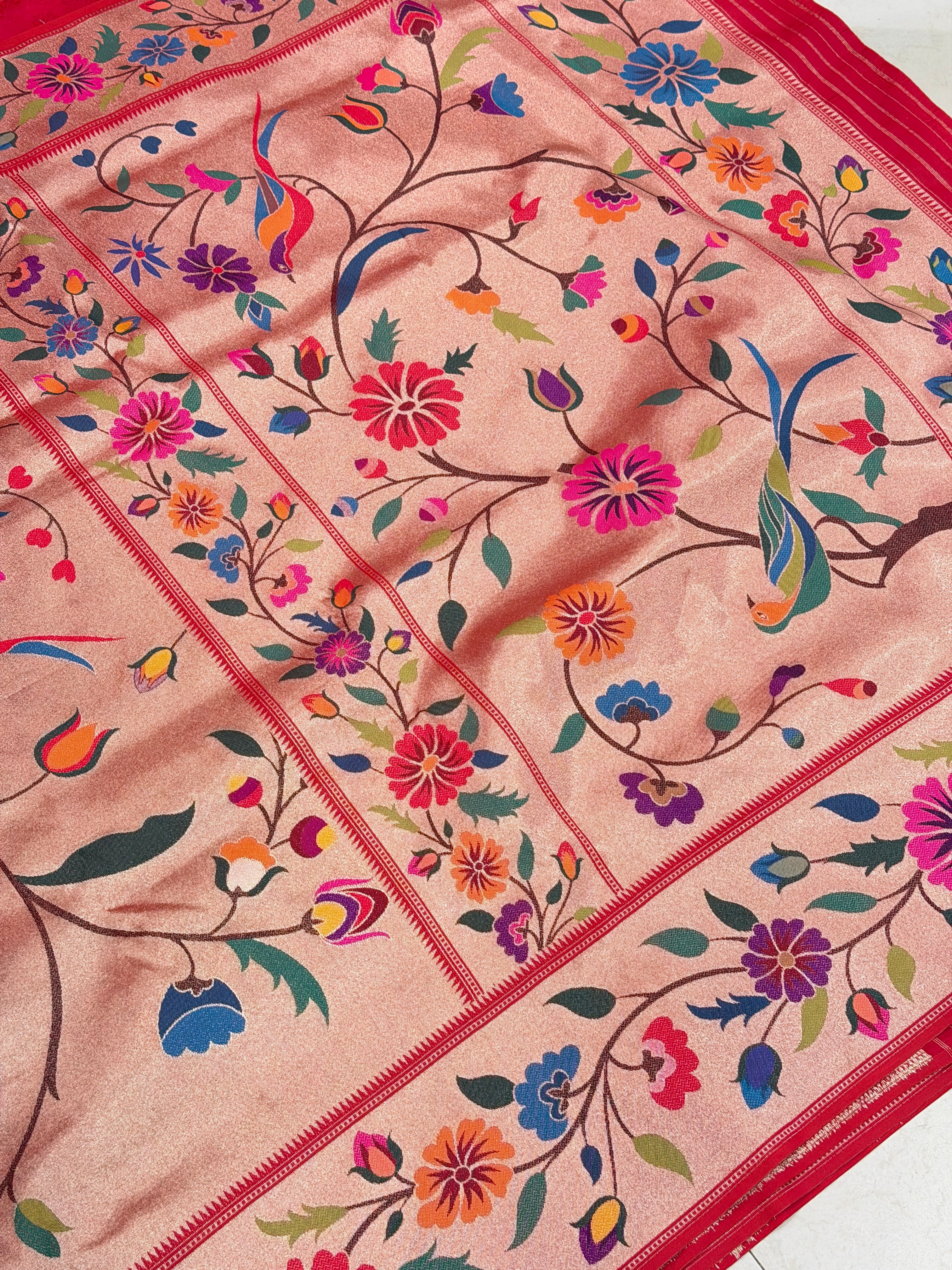 Golden Red Tissue Silk Paithani Meenakari Jaal Saree