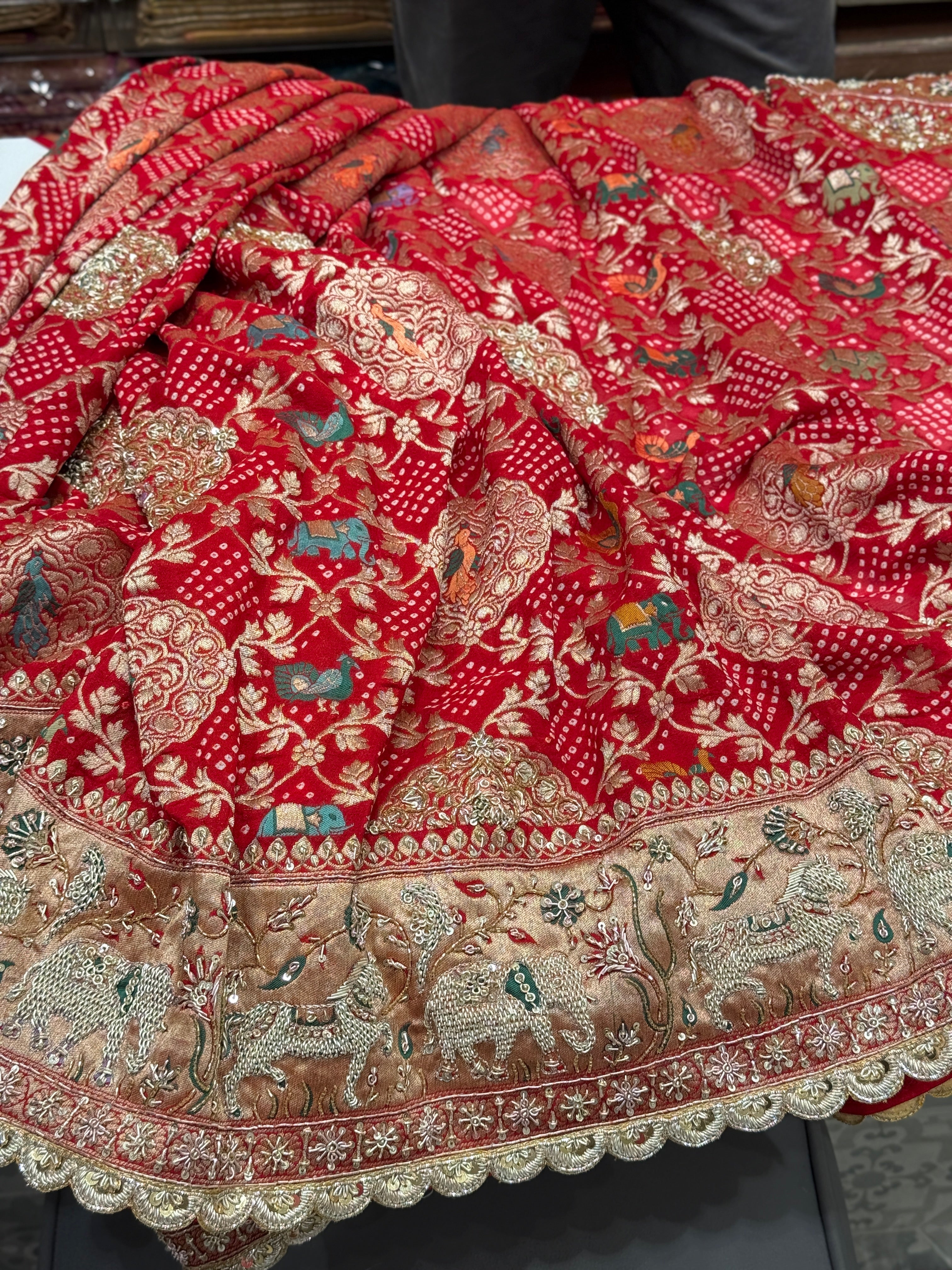 Red Meenakari Bandhej Zardosi Embroidery Saree