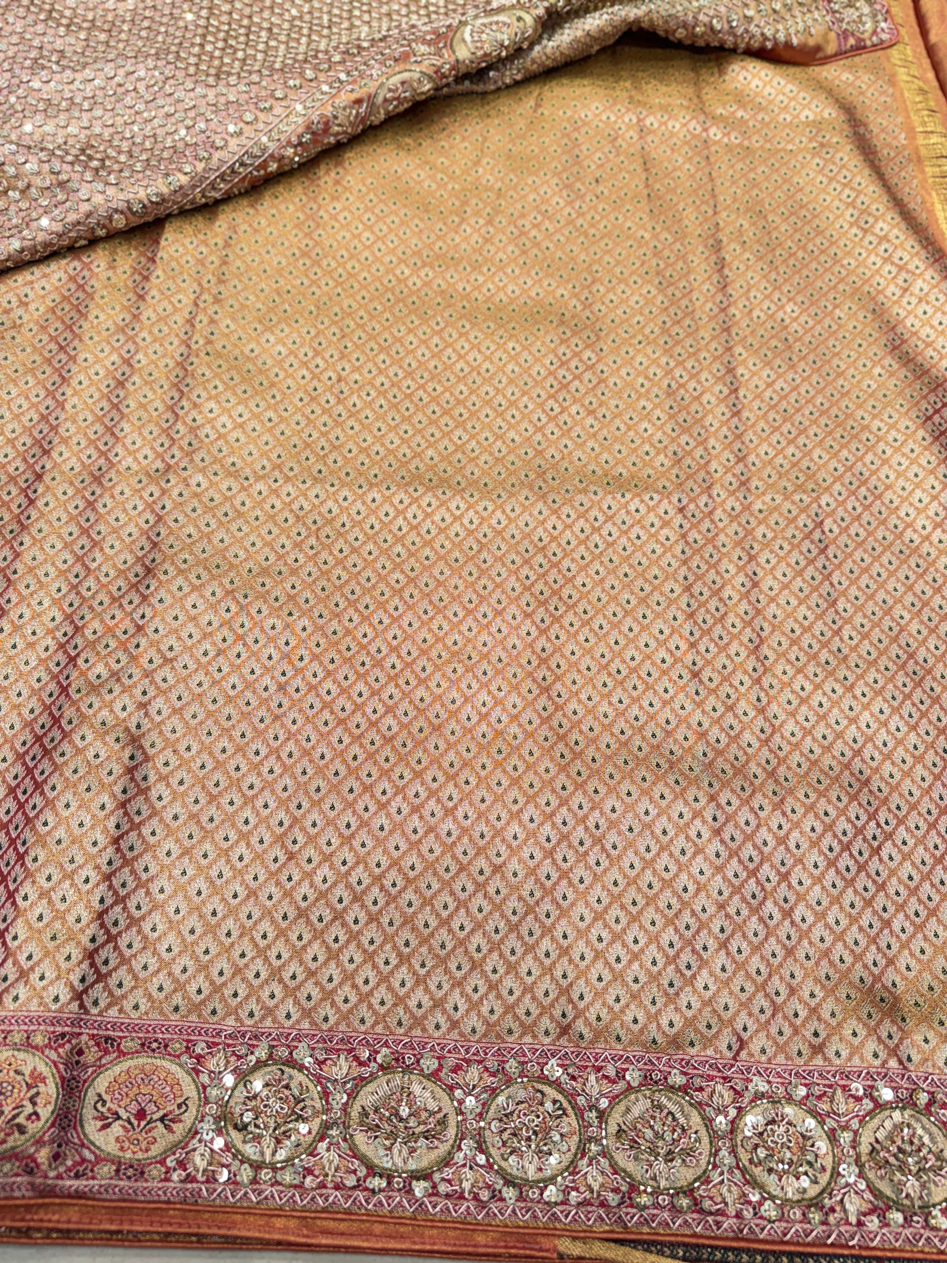 Red Tissue Kanjivaram Zardosi Meenakari Border Hand Embroidery Saree