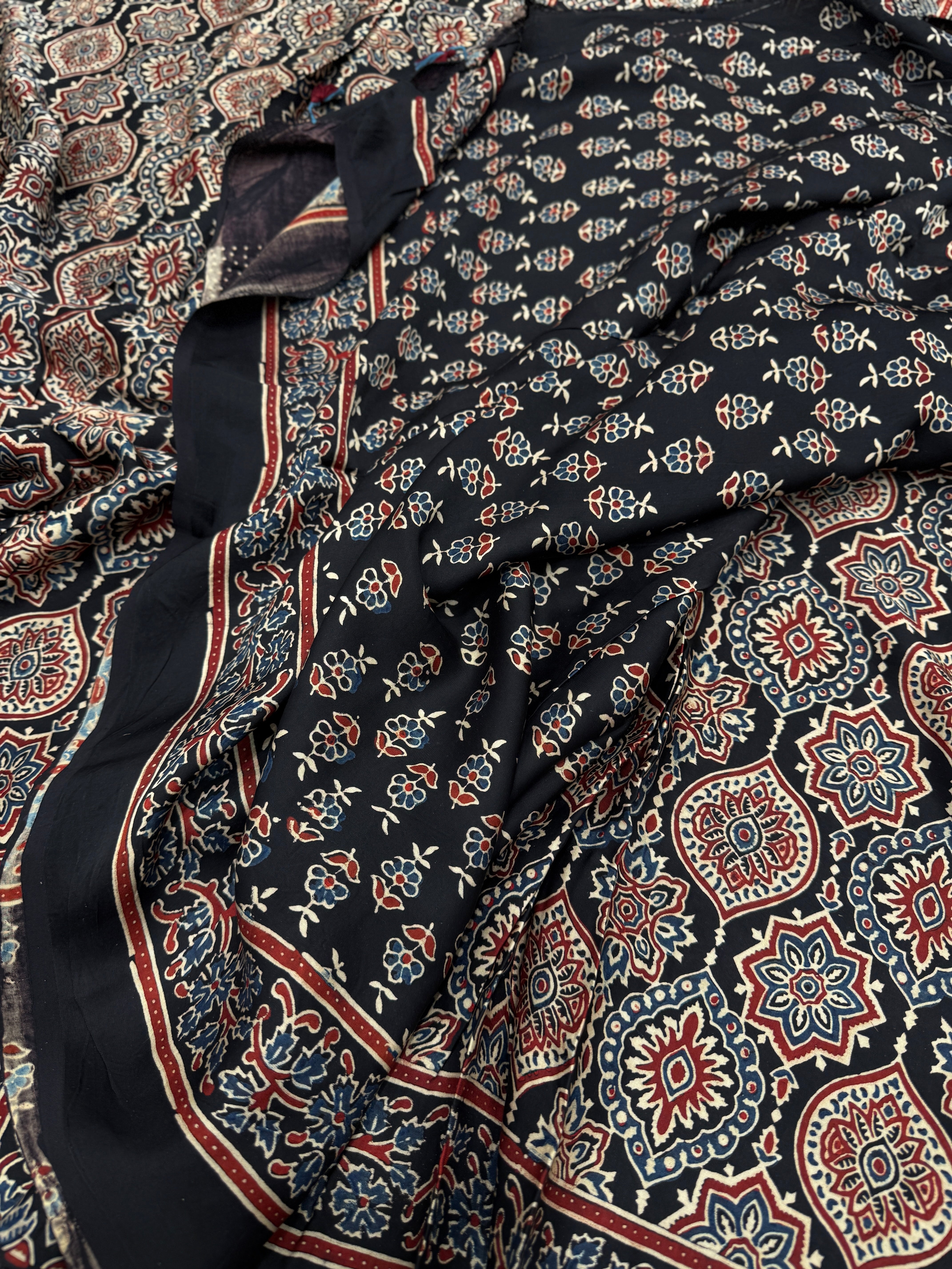 Black Badam Jaal Ajrakh Block Print Hand Pure Gajji Silk Saree