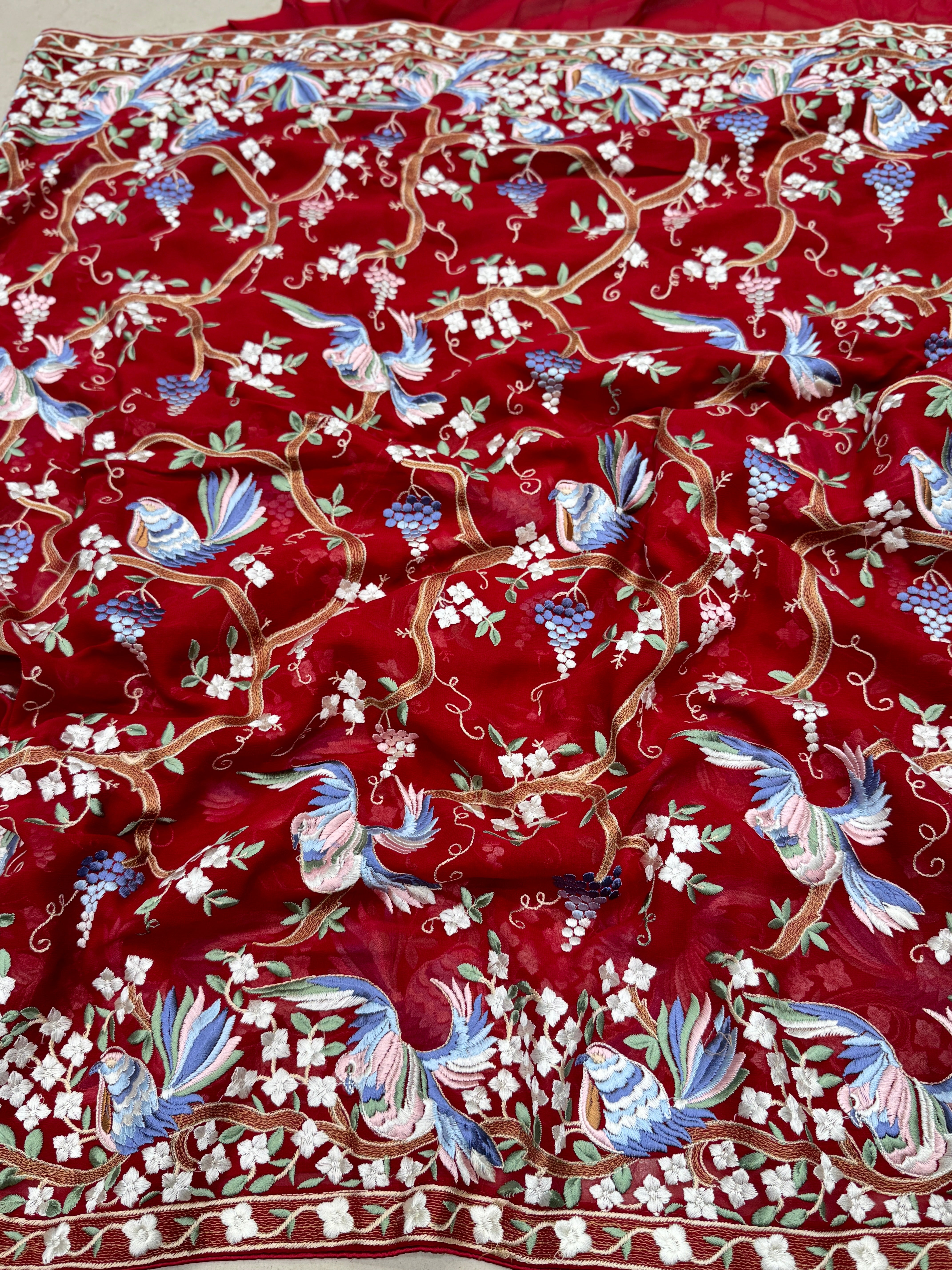 Red Georgette Parsi Gara Saree Chakla Chakli Design