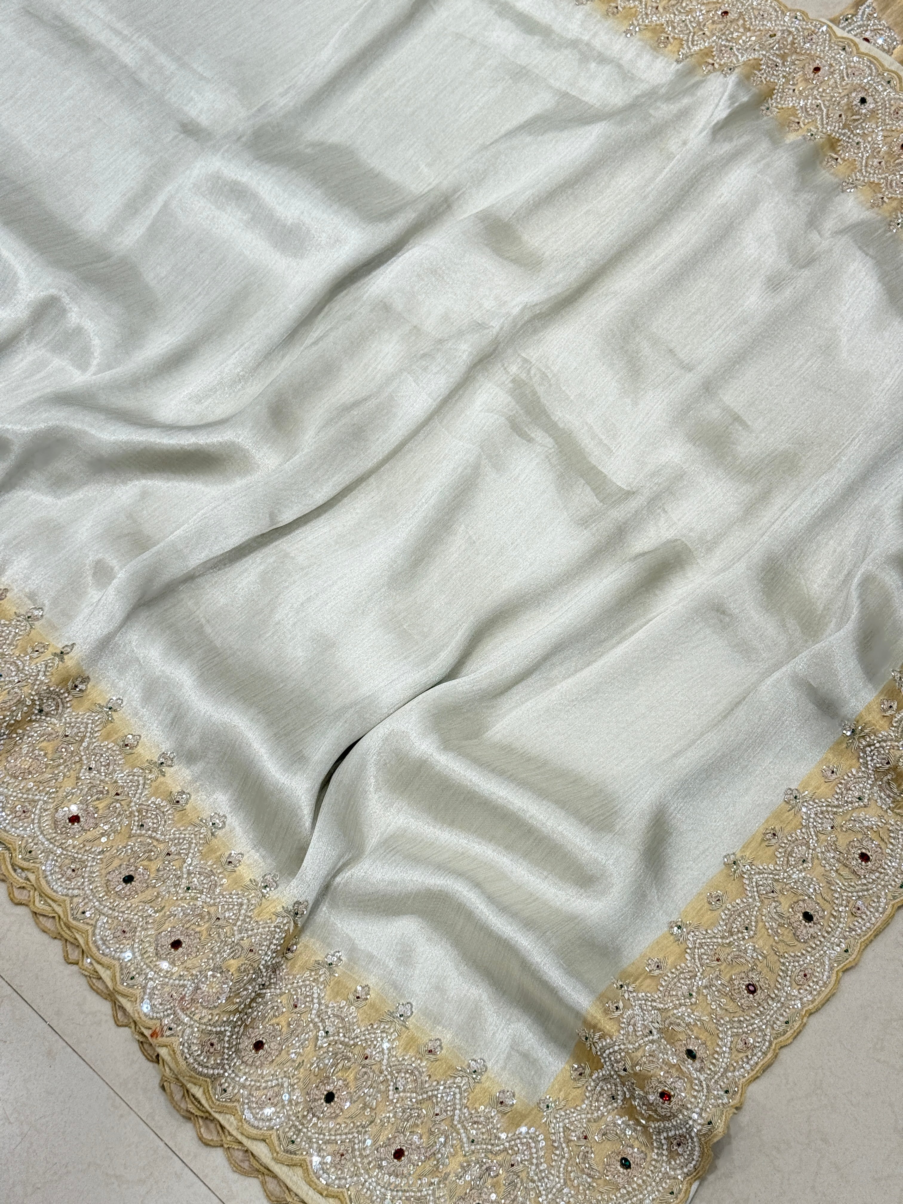 Silver Gold Tissue Hand Embroidery Crystal Embroidery Saree