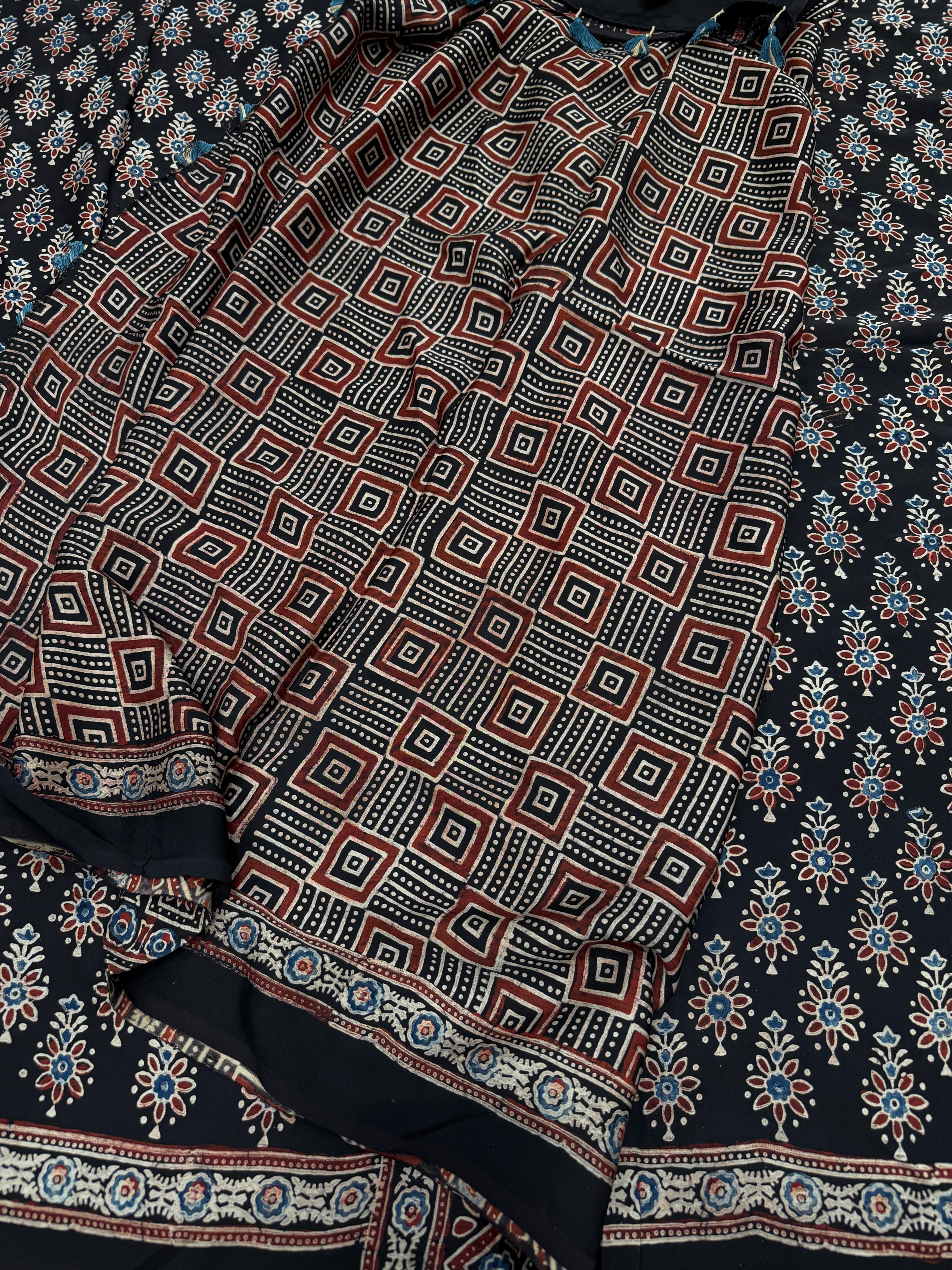 Black Buttis Ajrakh Hand Block Print Pure Gajji Silk Saree