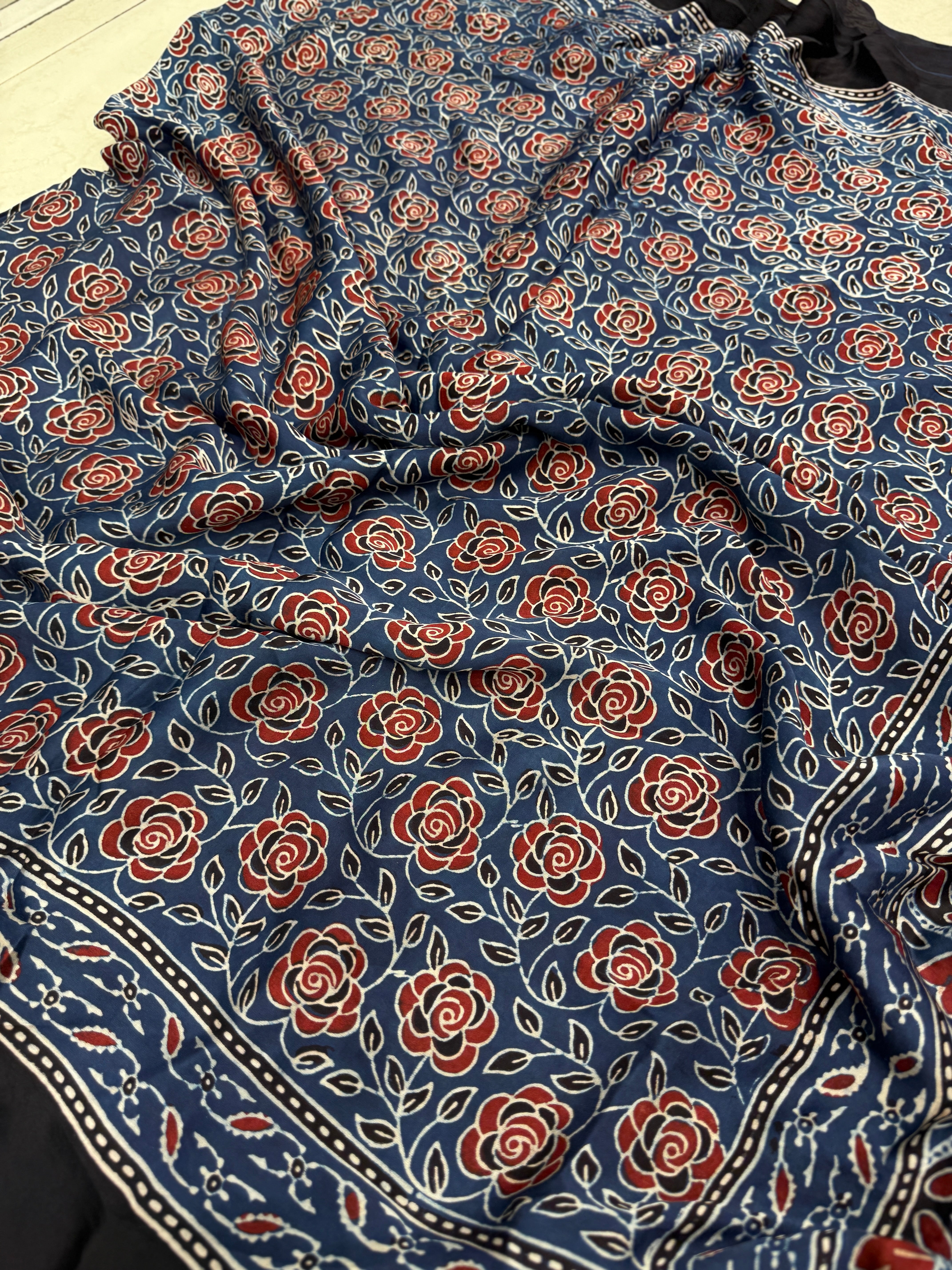 Blue Rose Ajrakh Hand Block Print Pure Gajji Silk Saree