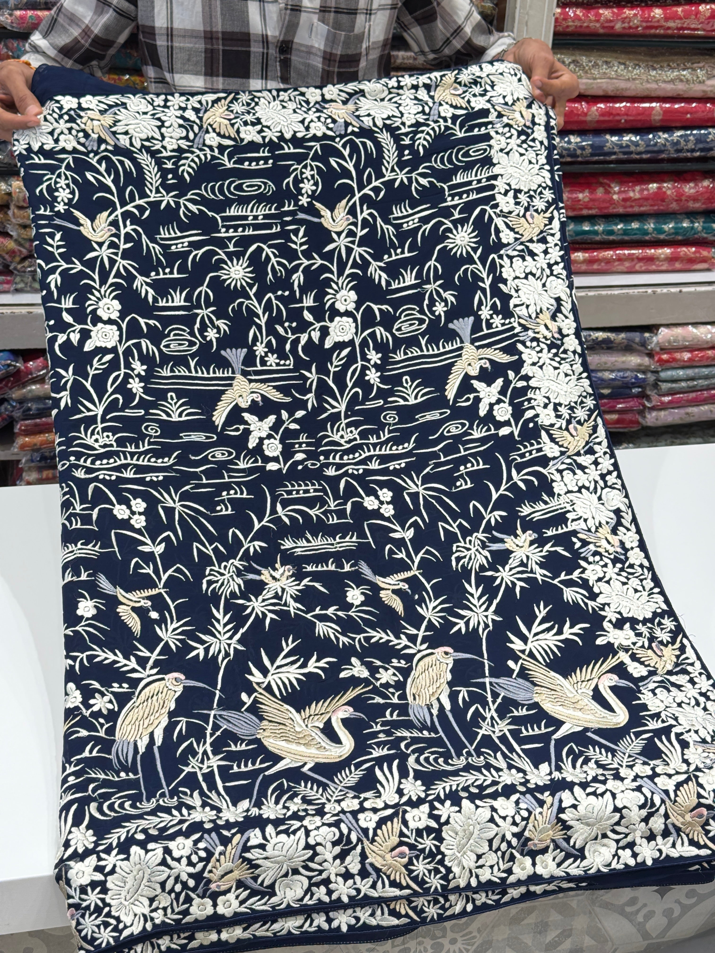 Blue Georgette Flying Flamingo Parsi Gara Saree