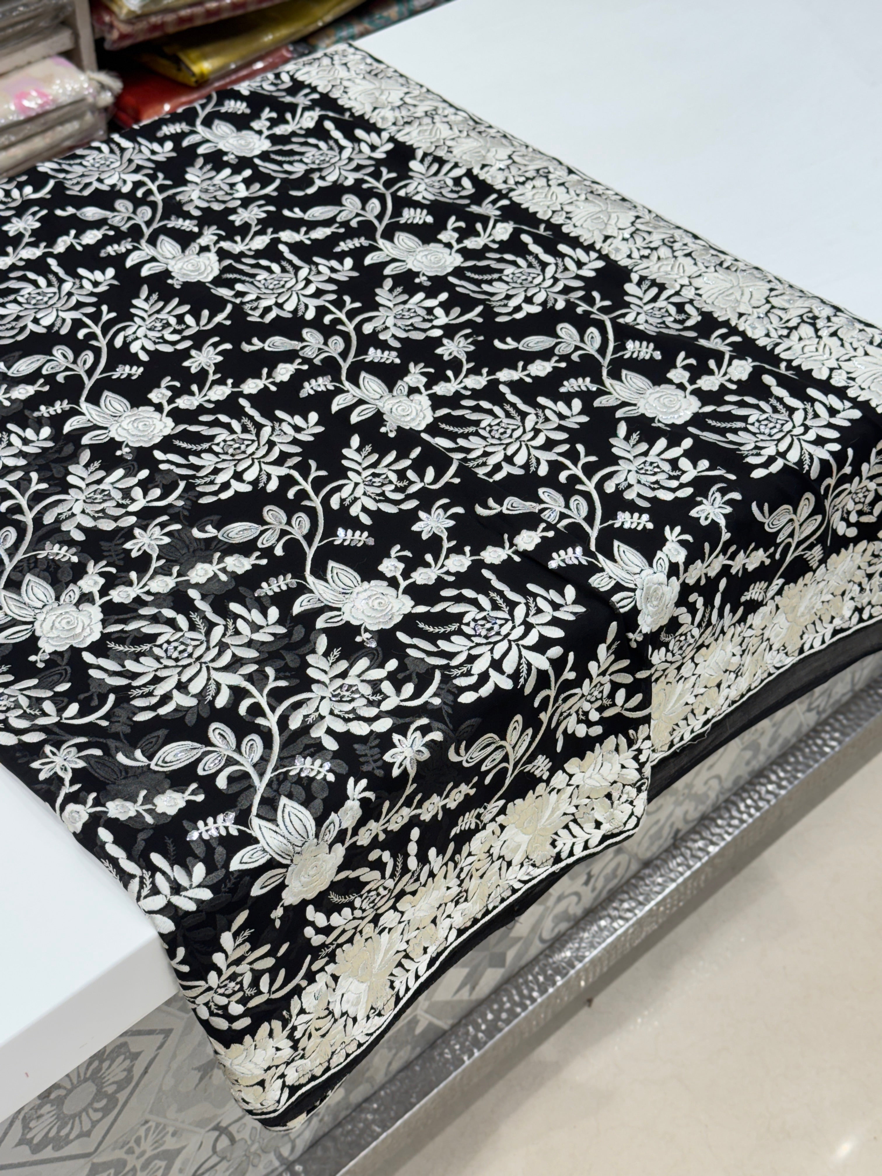 Black Floral Georgette Parsi Gara Saree