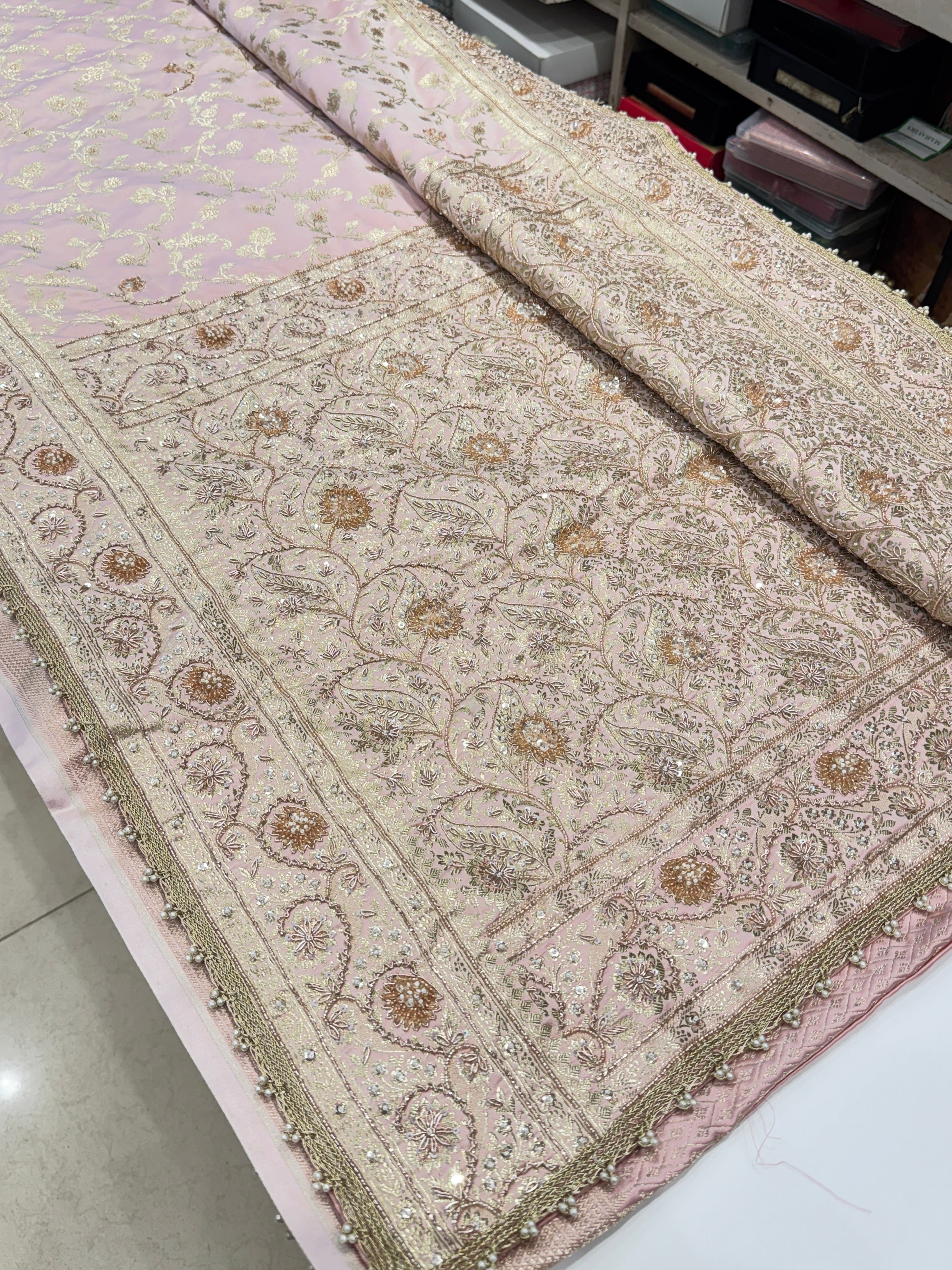 Pastel Pink Banarasi Sequin Zardosi Hand Embroidery Saree