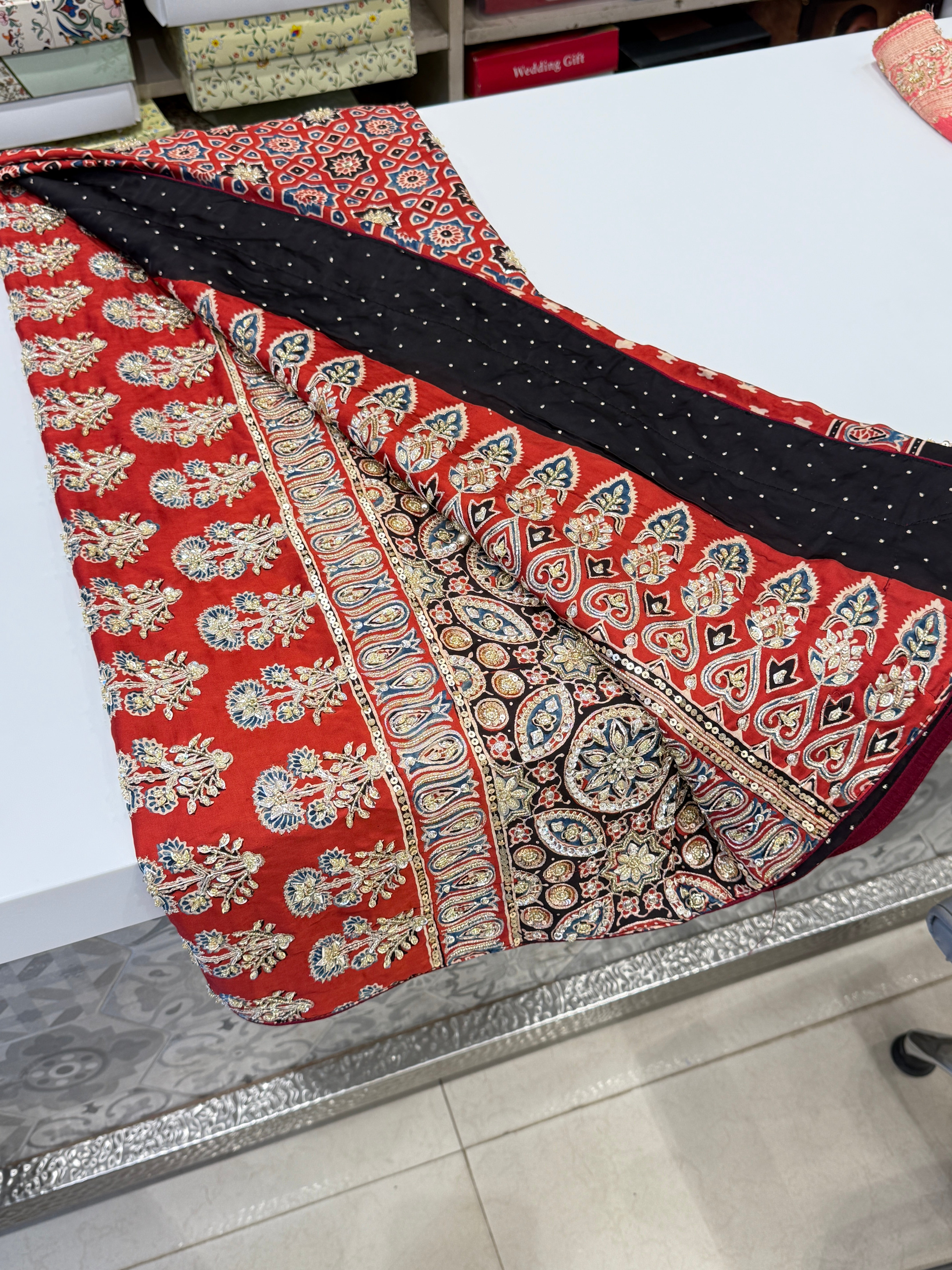 Crimson Hand Embroidery Ajrakh Modal Satin Saree