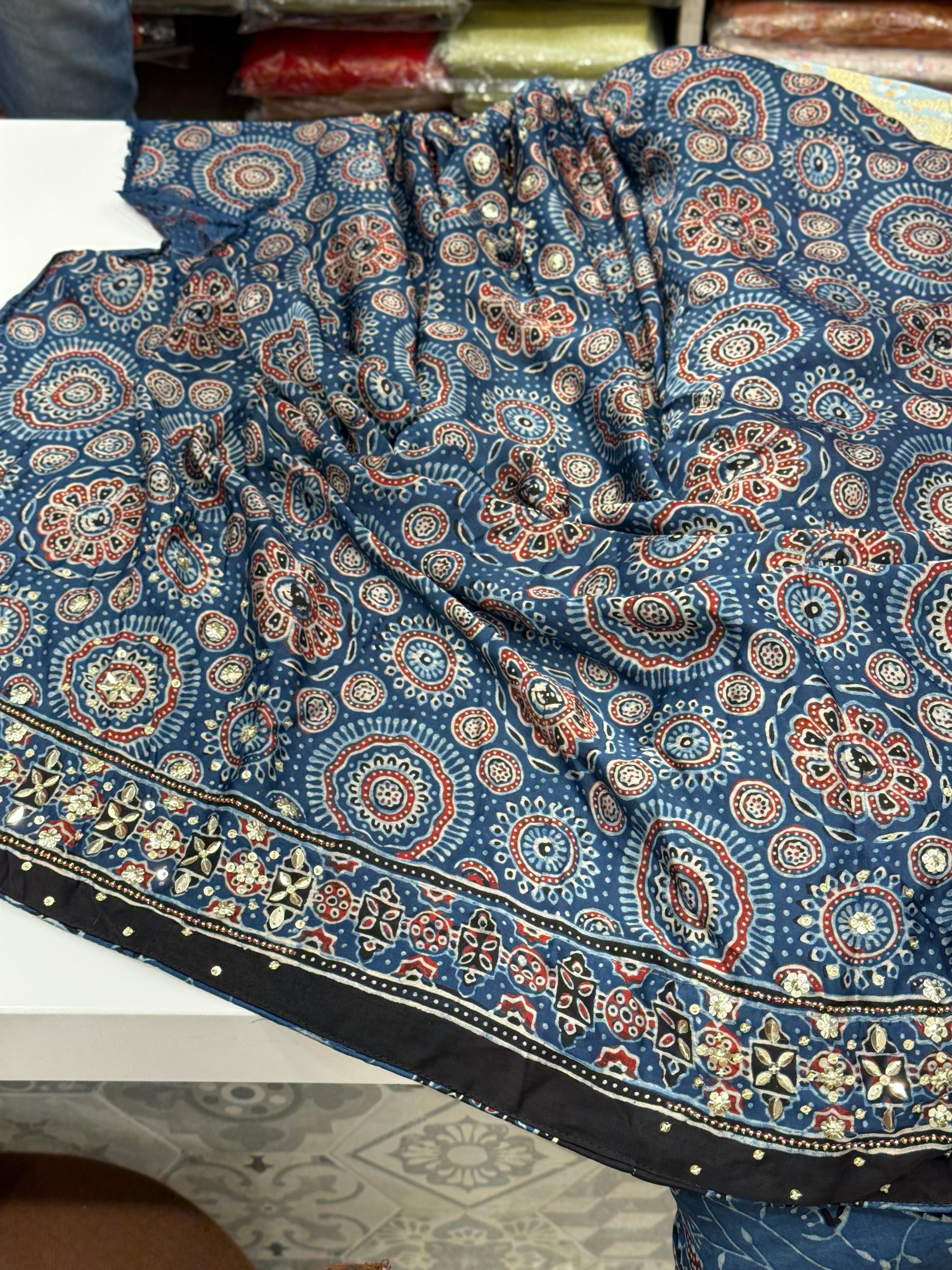 Light Blue Gharchola Ajrakh Hand Embroidery Saree