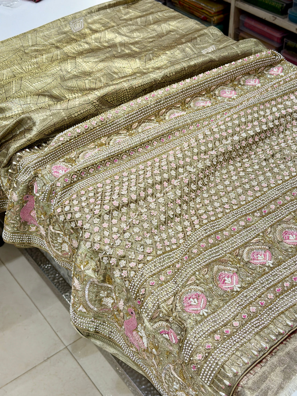 Green Silver Kanjivaram Three Zari Hand Embroidery Zardosi Moti Sequin Saree