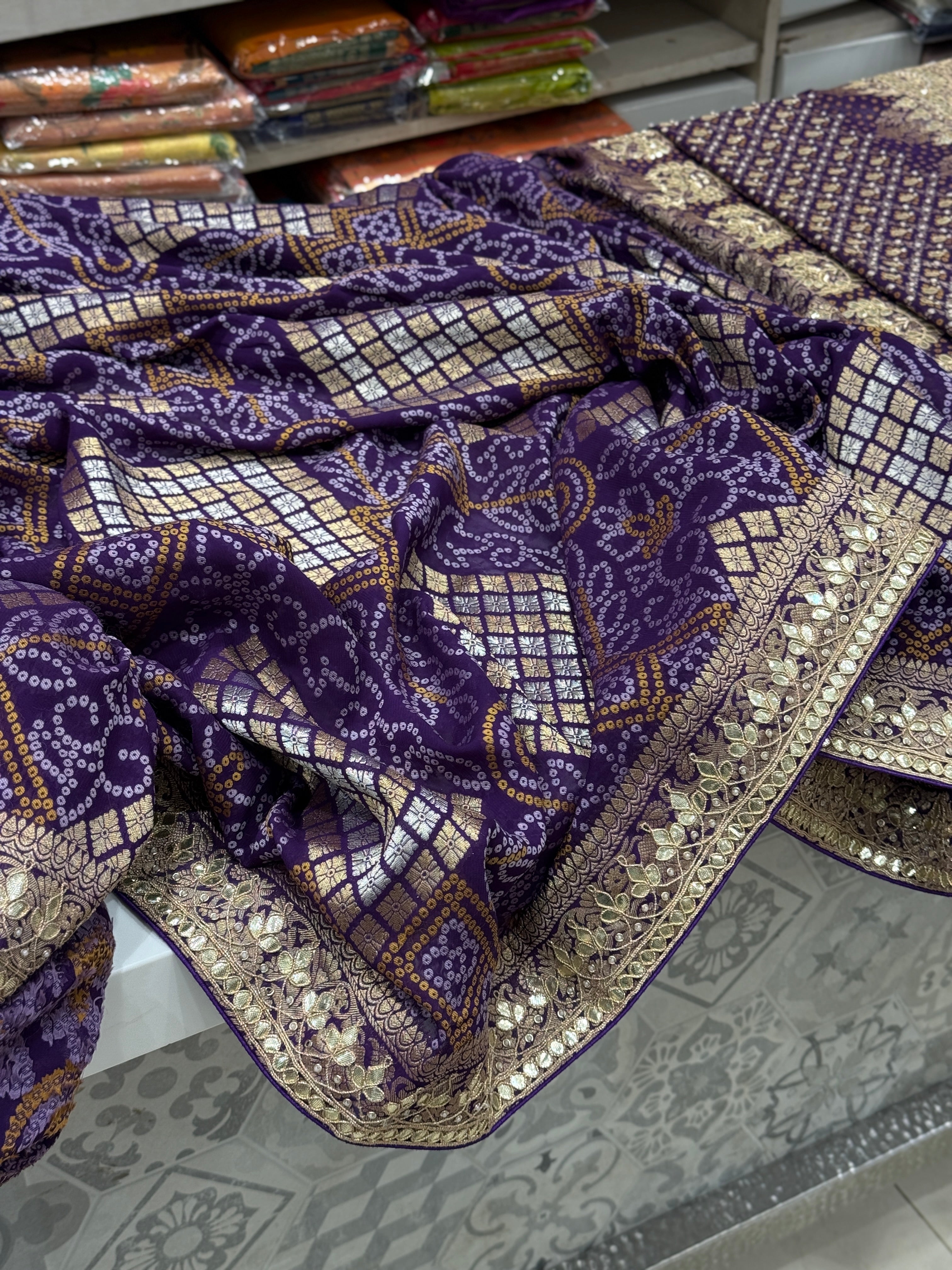 Violet Woven Bandhej Gotapatti Saree