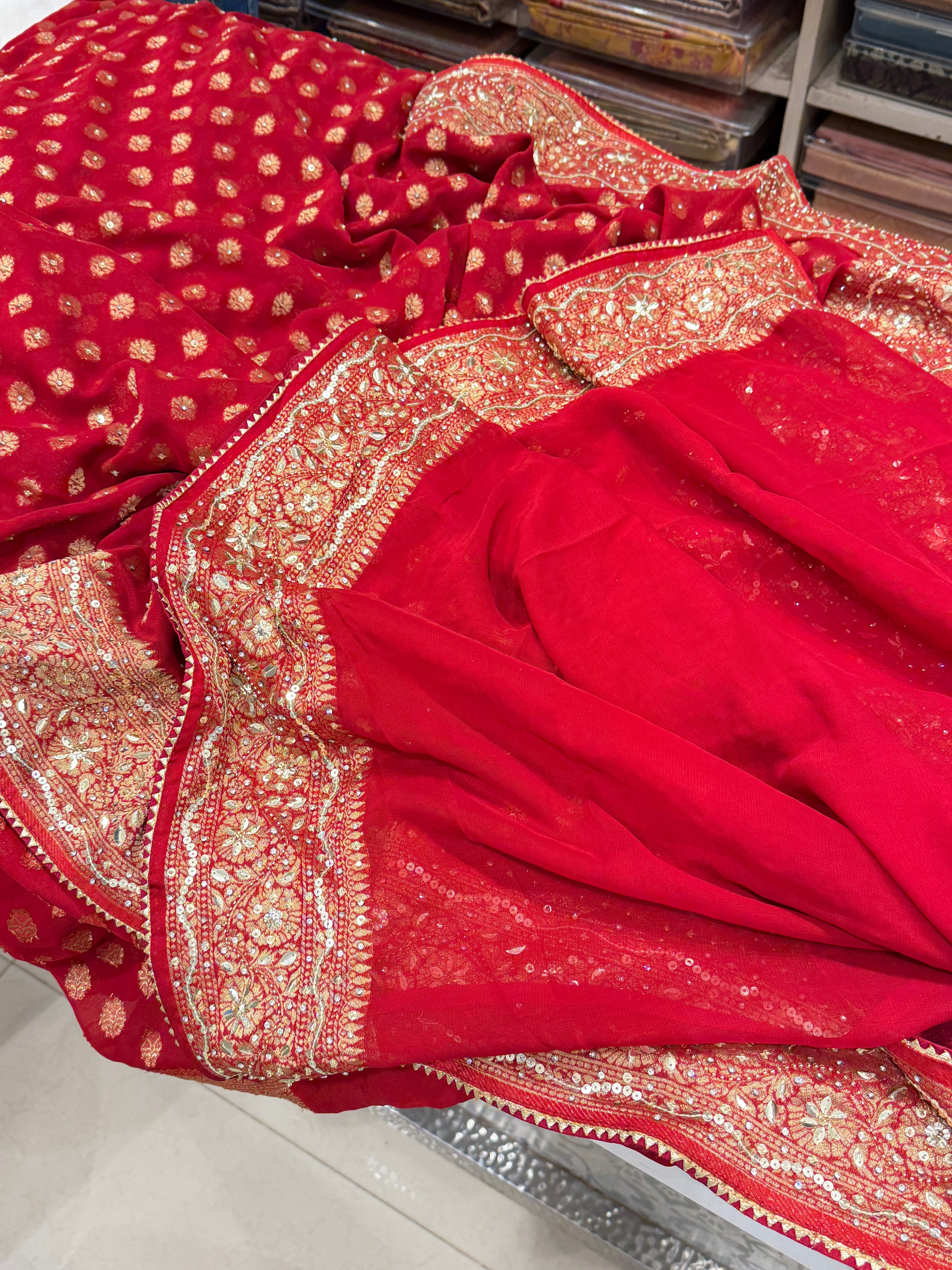 Red Banarasi Khaddi Georgette Butti Sequin Hand Embroidery Saree