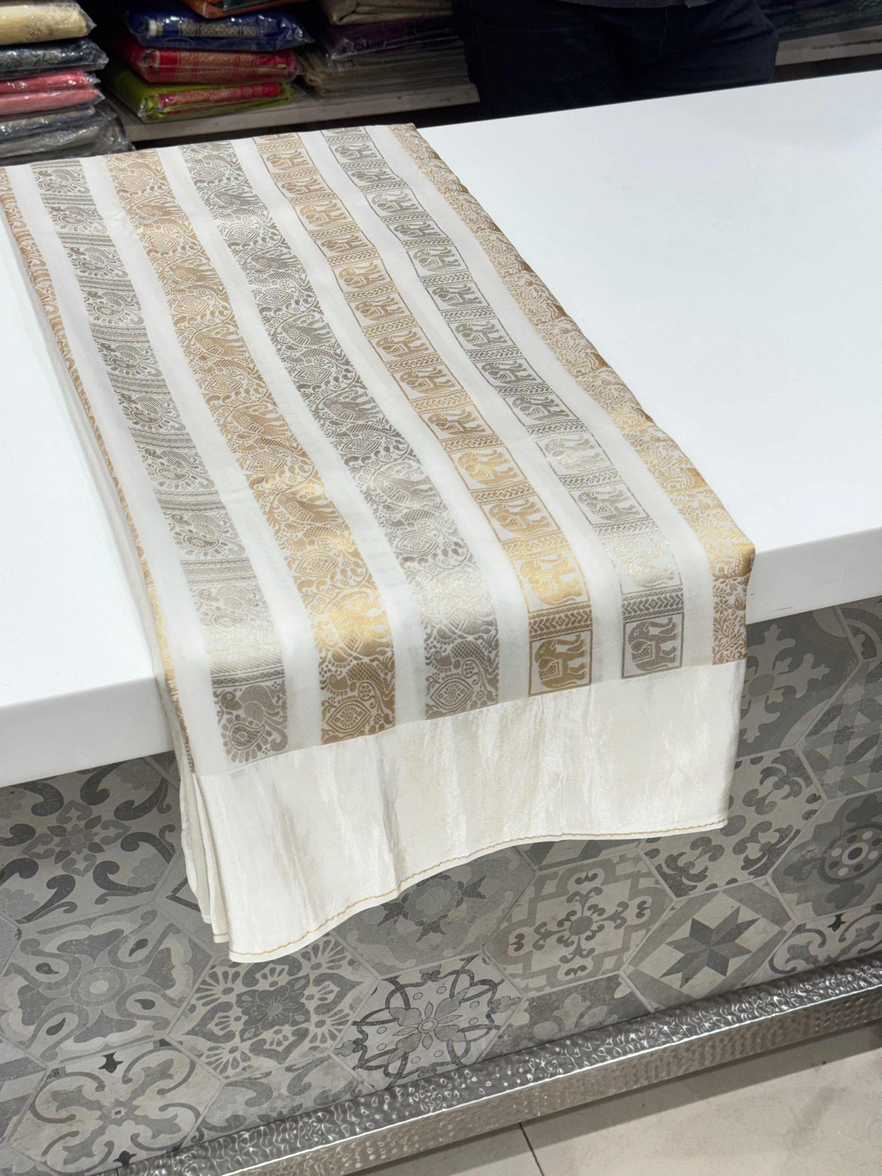 Nita Ambani Inspired White Contemporary Banarasi Saree