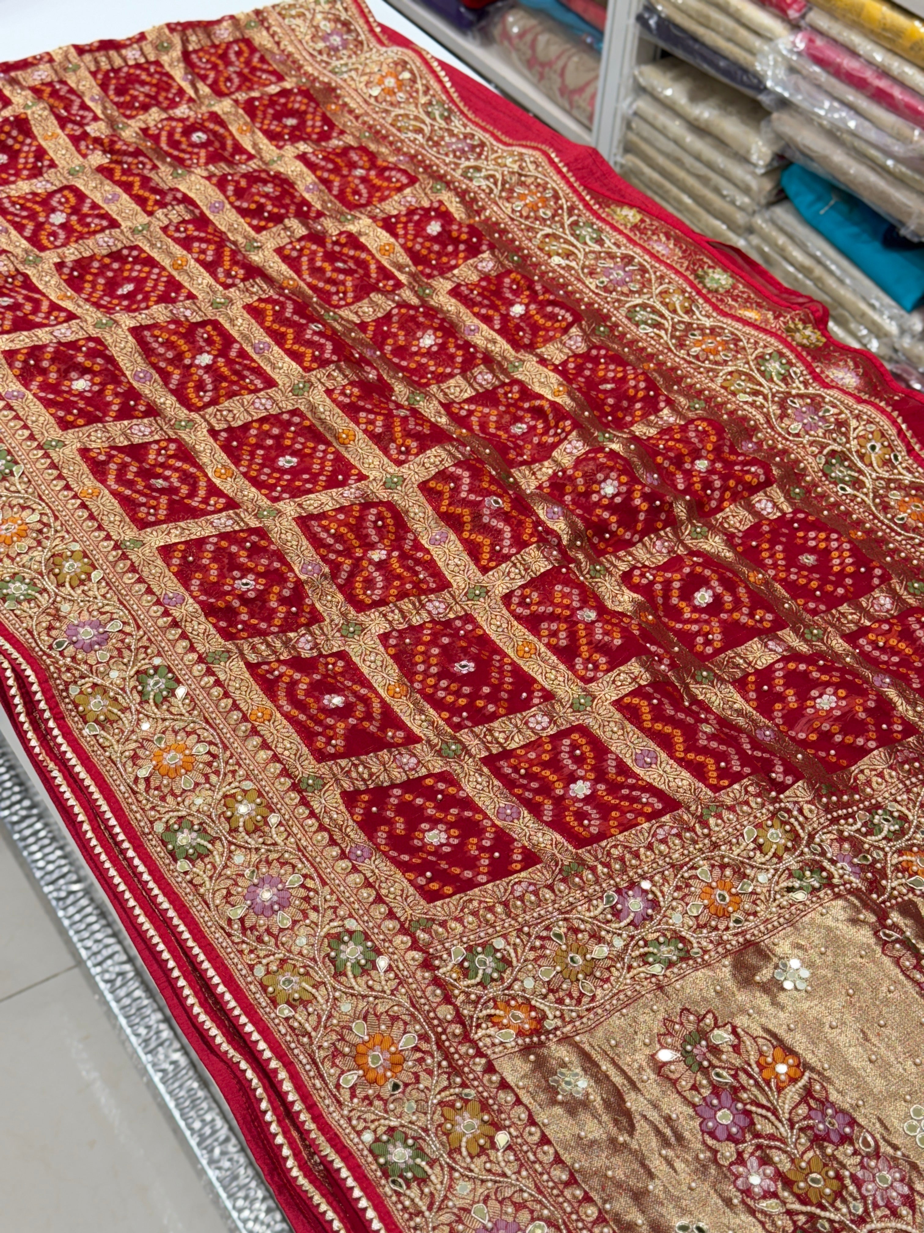 Red Gharchola Meenakari Moti Hand Embroidery Saree