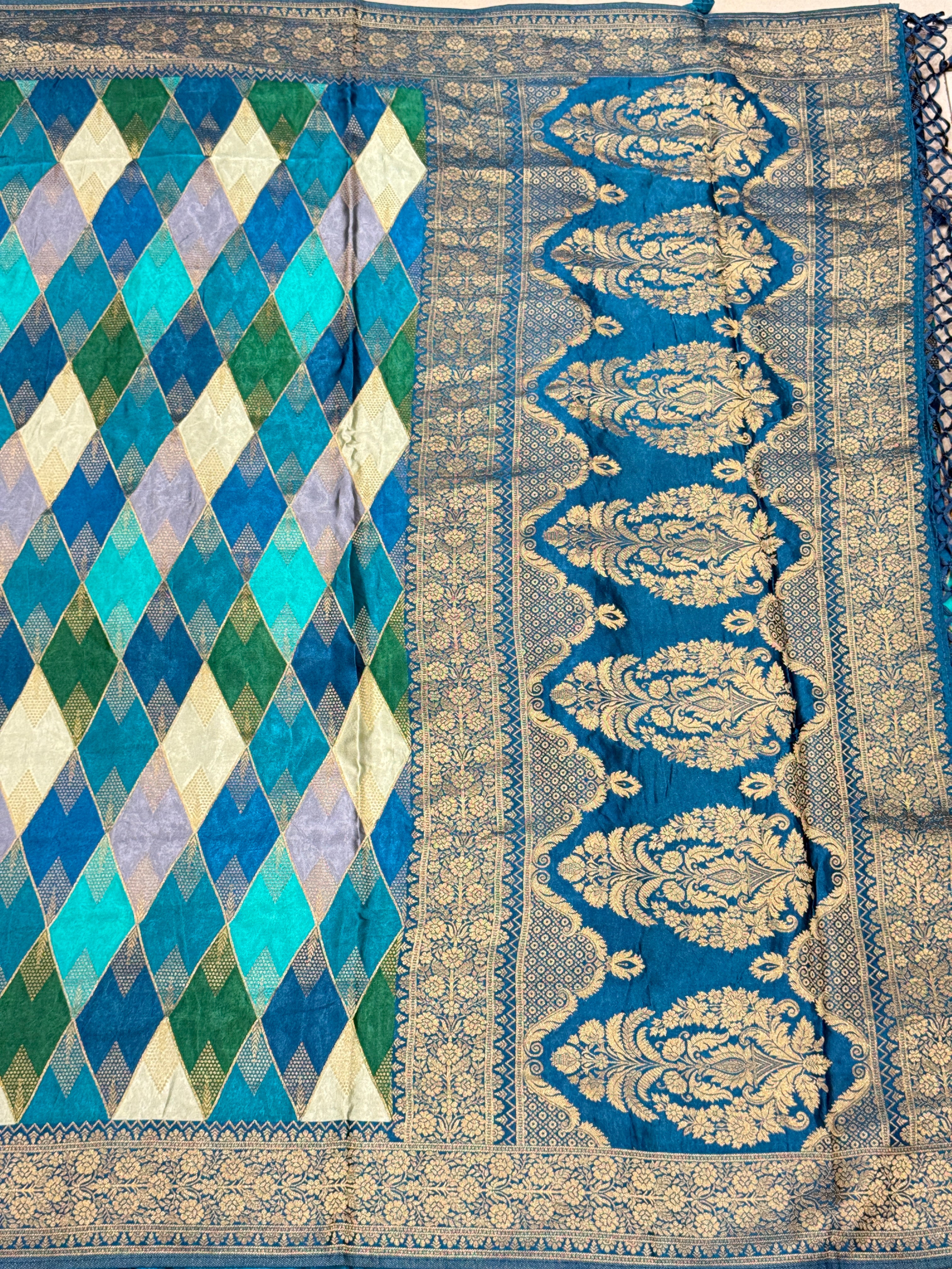 Rama Blue Contemporary Kaju Katli Design Banarasi Modal Satin Rangkat Saree
