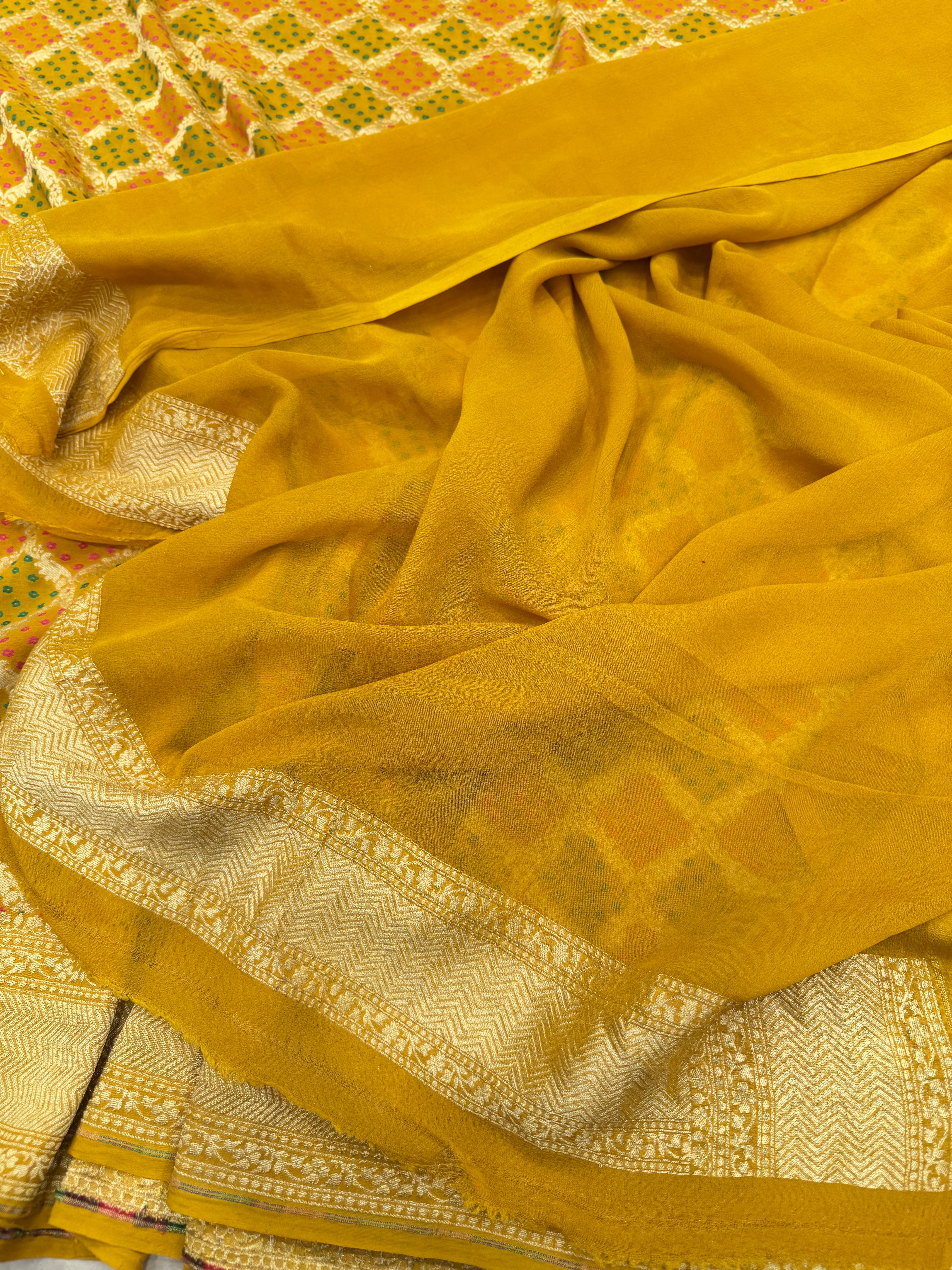 Mustard Yellow Woven Bandhej Banarasi Khaddi Georgette Saree