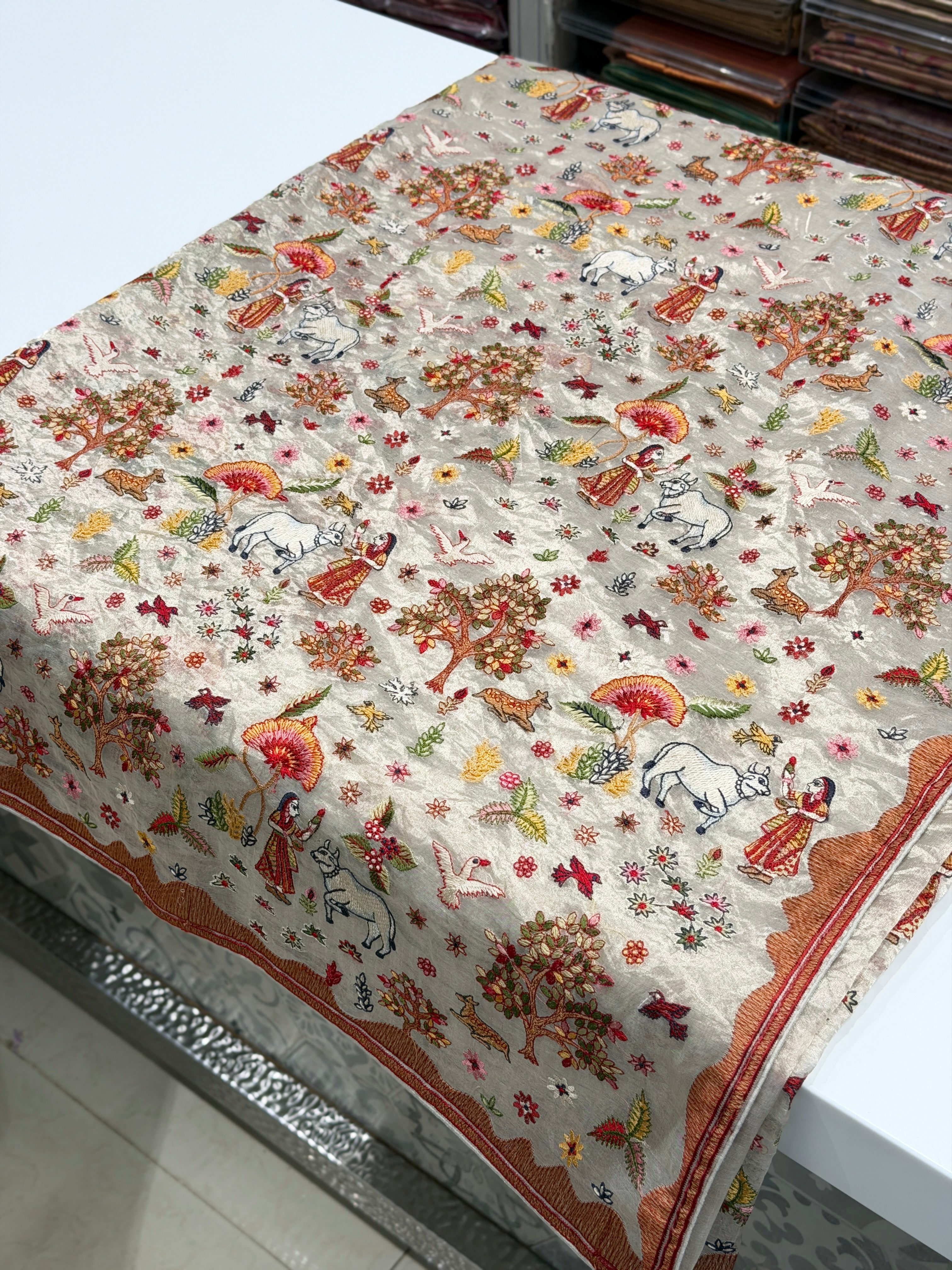 Silver Tissue Jamdani Weave Inpired Resham Embroidery Saree