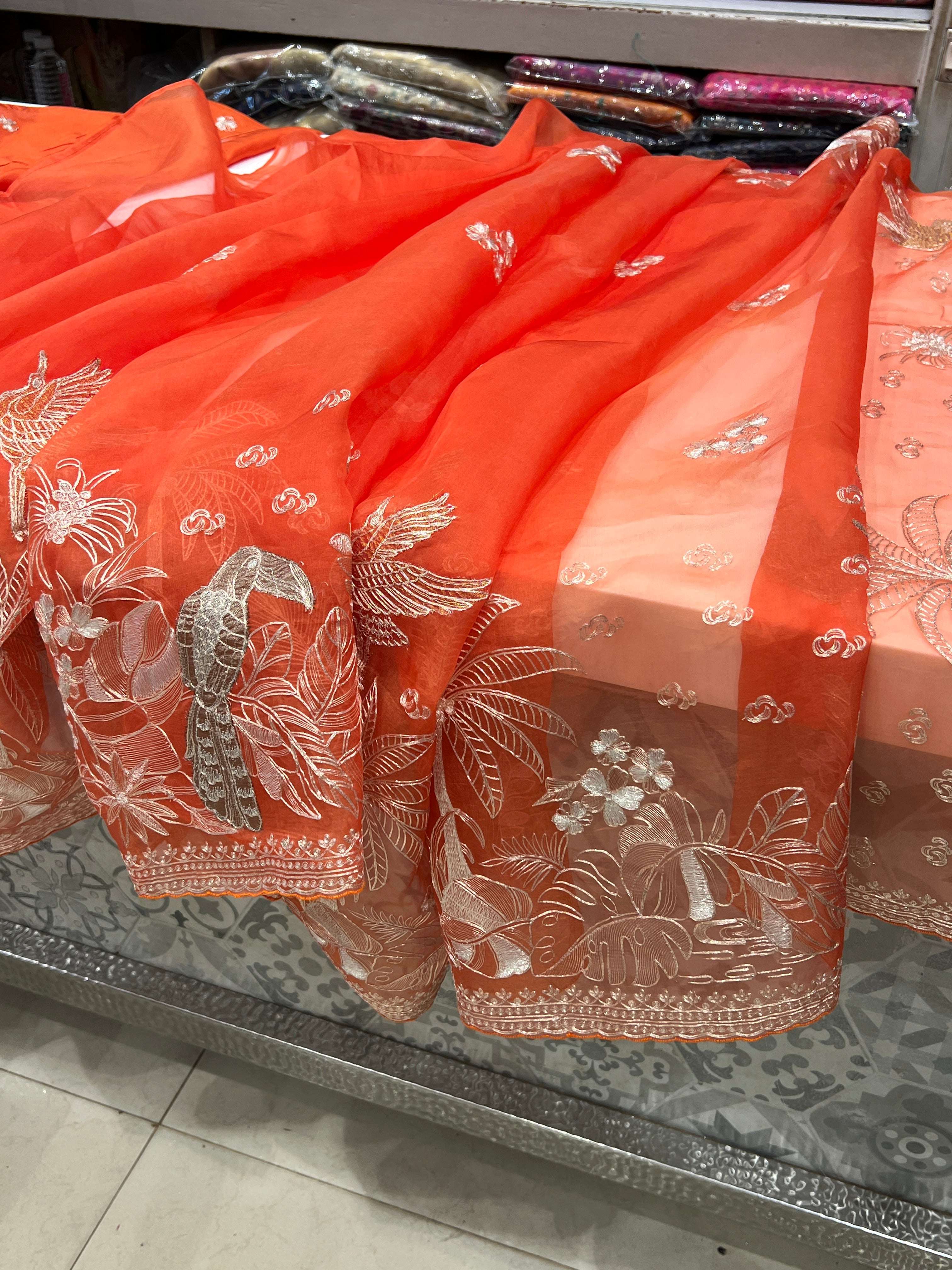 Orange Pitta Hand Embroidery Organza Saree