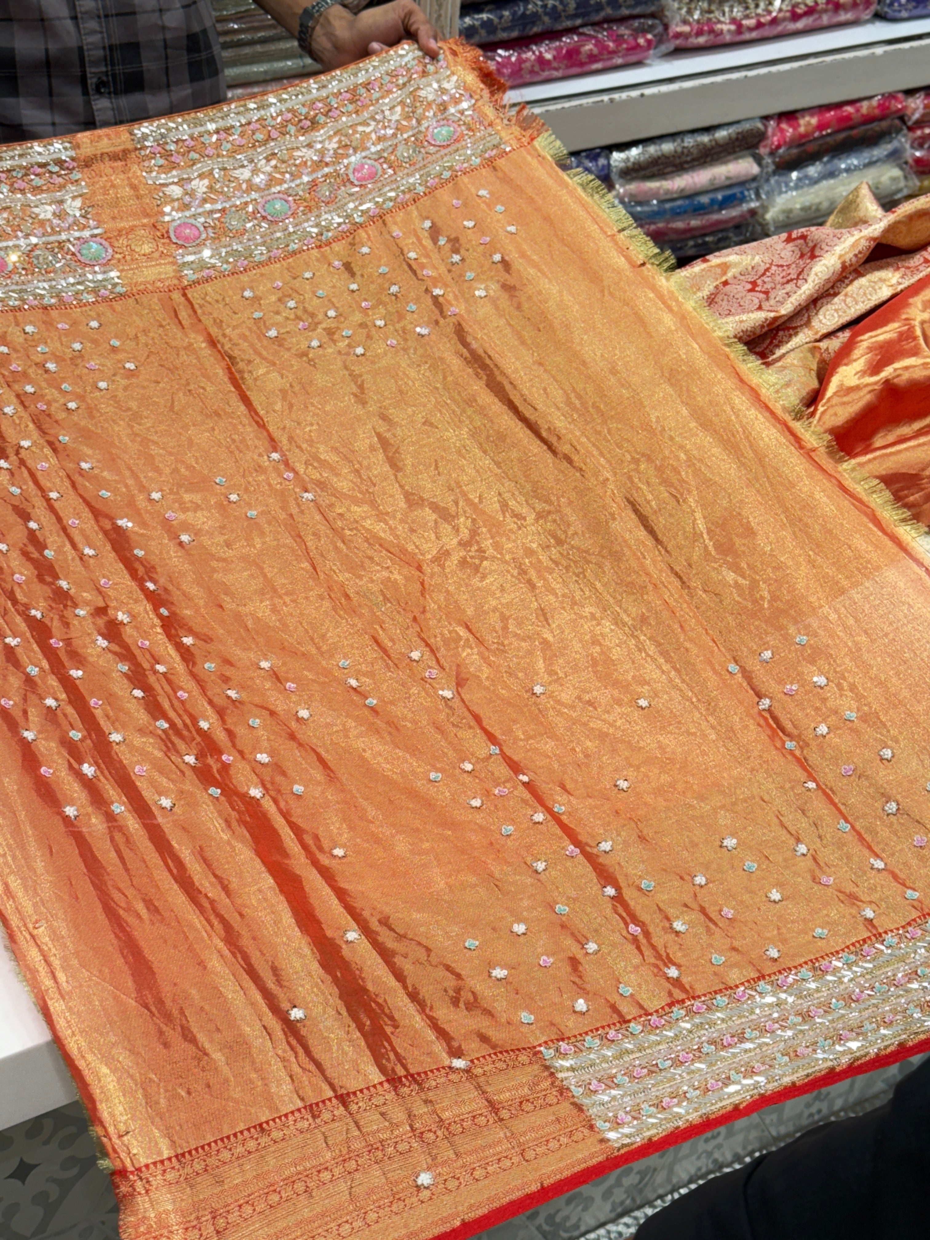 Red Gold Tissue Kanjivaram Hand Embroidery Saree