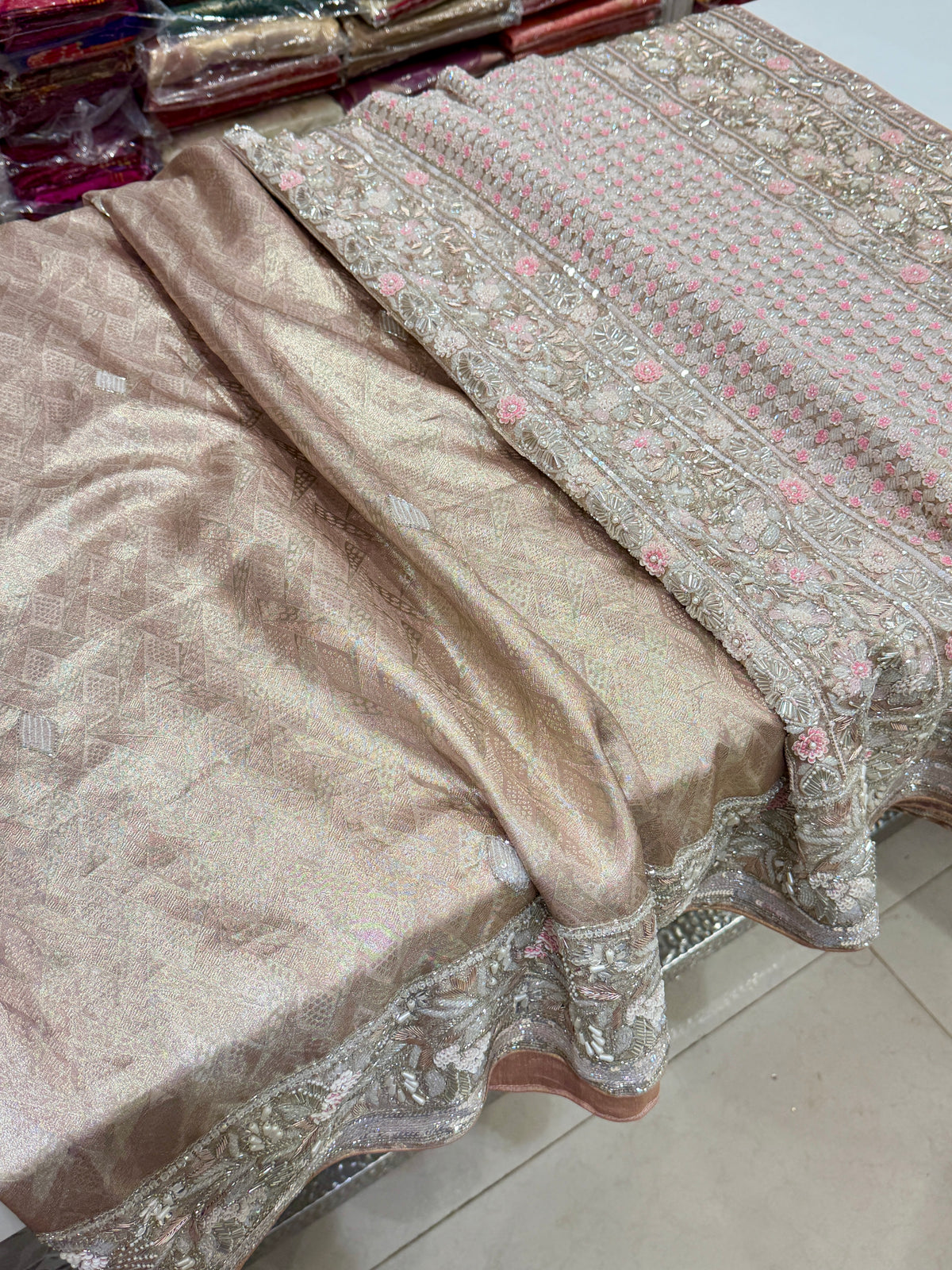 Nude Peachish Pink Silver Kanjivaram Three Zari Hand Embroidery Zardosi Moti Sequin Saree